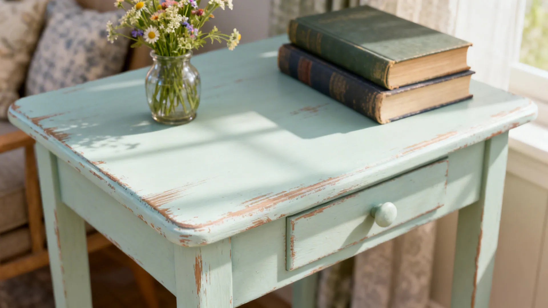 Light blue distressed wooden side table with two old books and wildflowers in glass vase