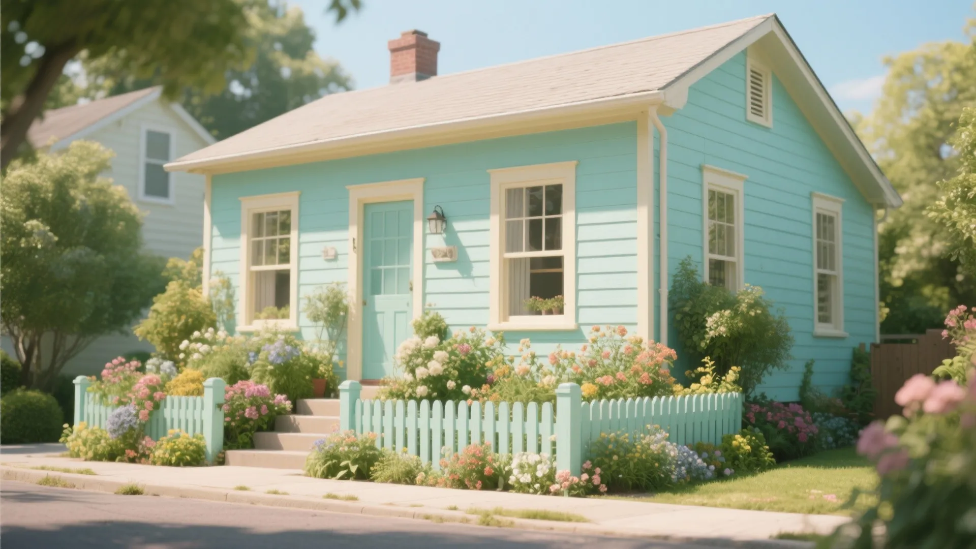 Small light blue house with a pale green fence surrounded by many colorful blooming flower gardens