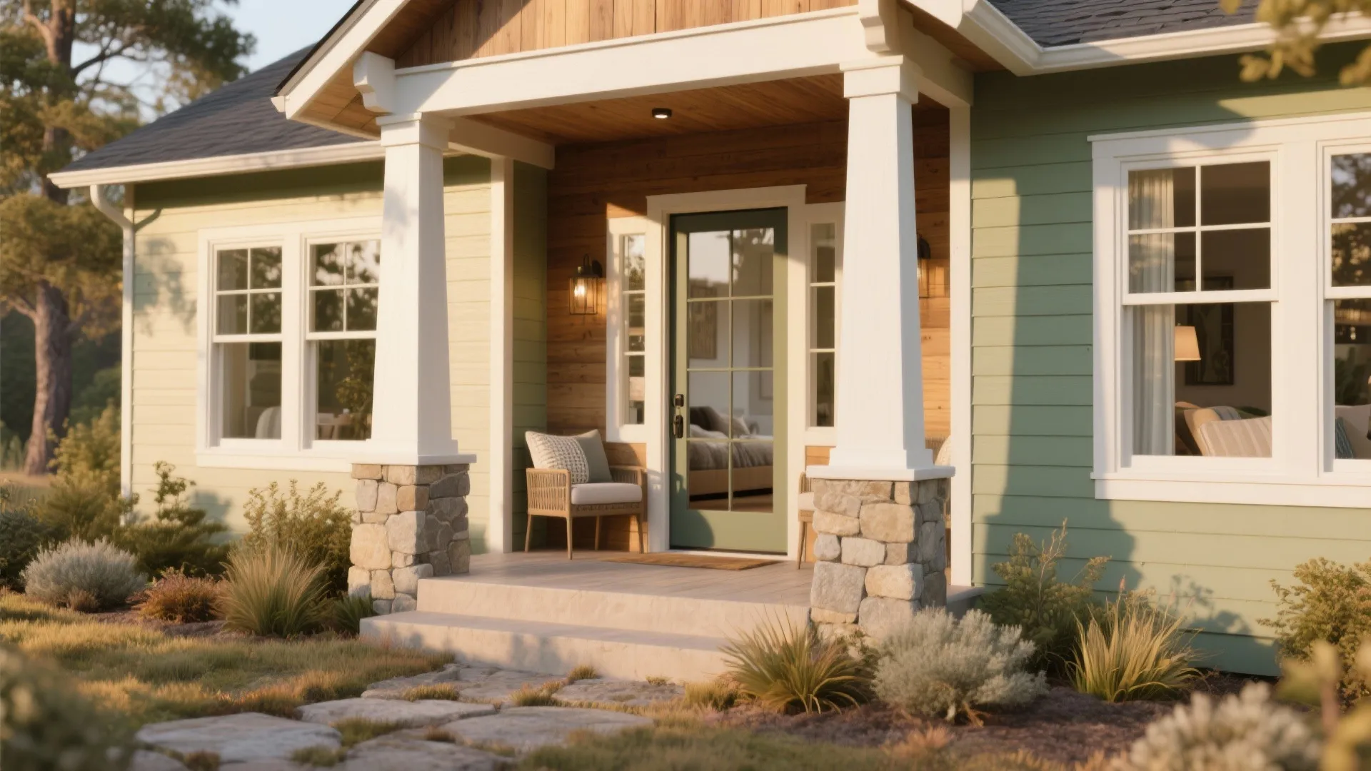 Modern cottage front porch with green exterior walls white columns stone bases and a glass door