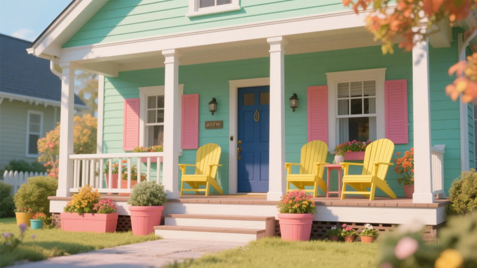 Cottage painted sage with coral planters, navy door and yellow porch chairs for playful accents.