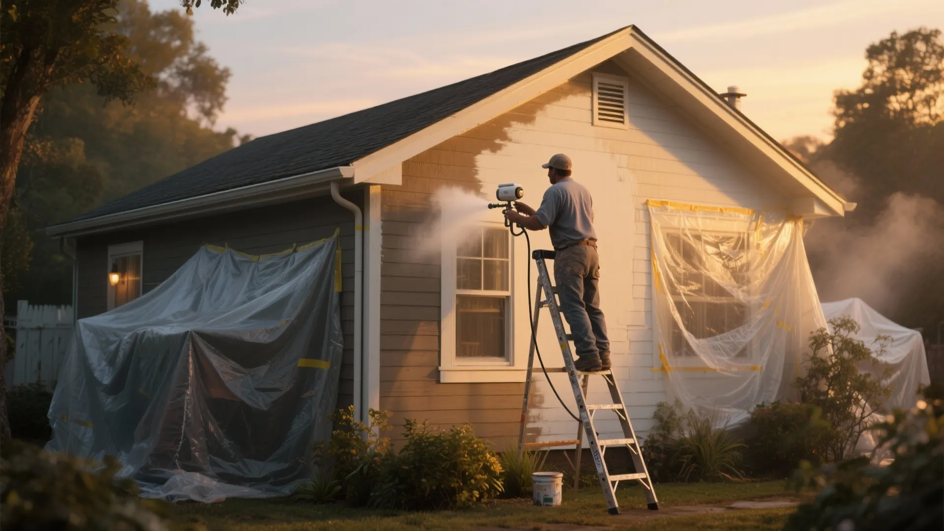Man standing on ladder using paint sprayer to paint house exterior wall white during sunset
