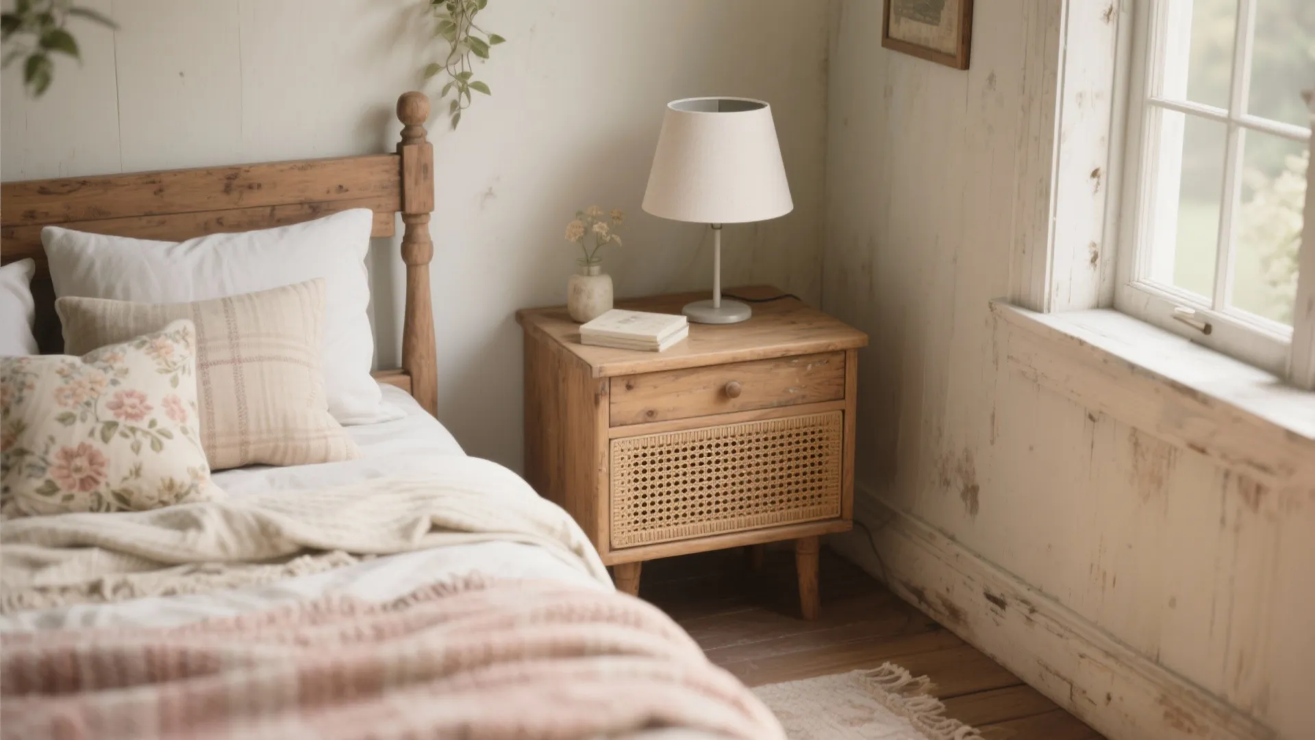 Cozy cottagecore corner with rattan accents, a thrifted wooden nightstand, and a modern lamp.