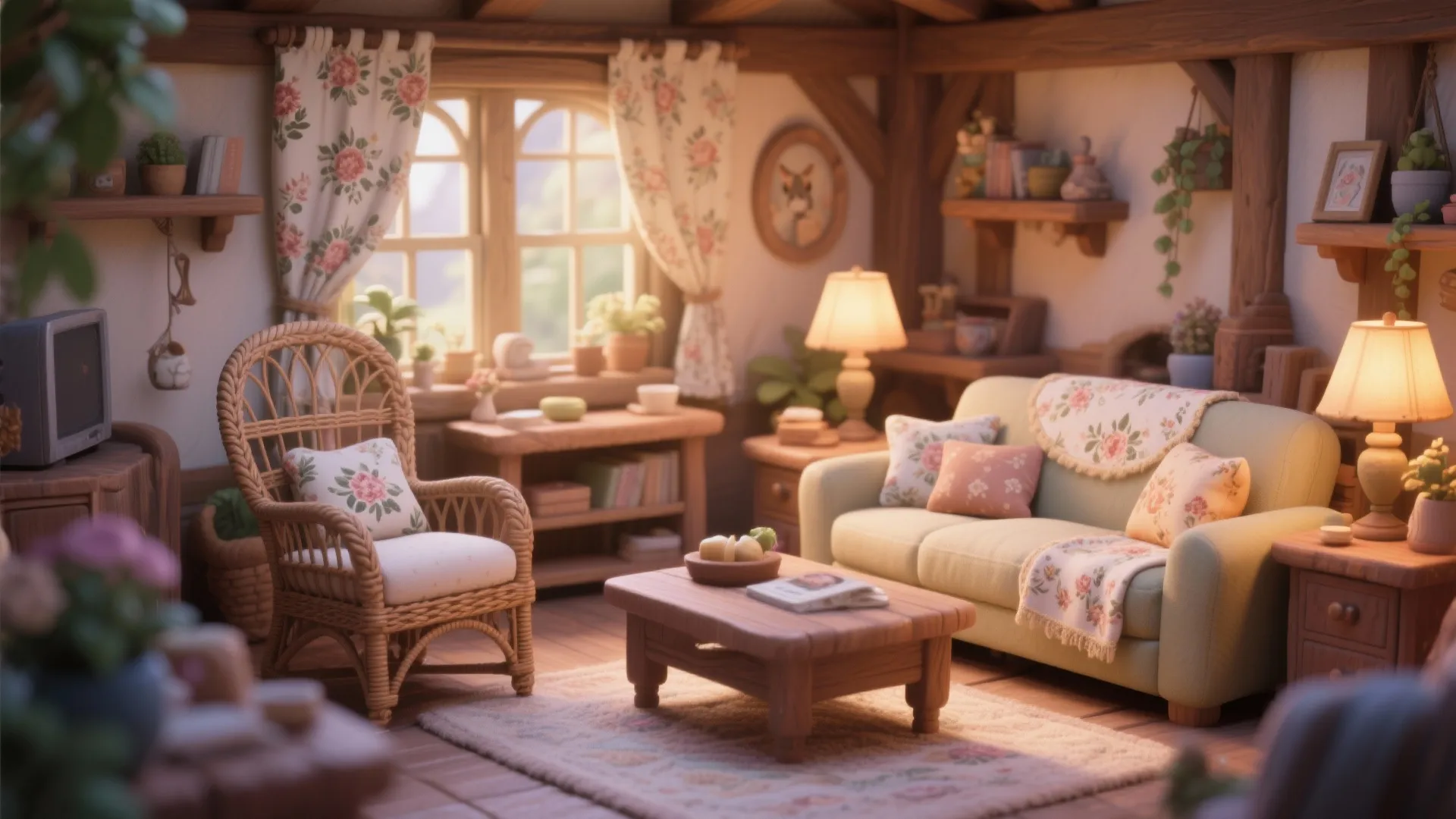 Cozy rustic living room with floral curtains wooden coffee table wicker chair and soft warm lighting