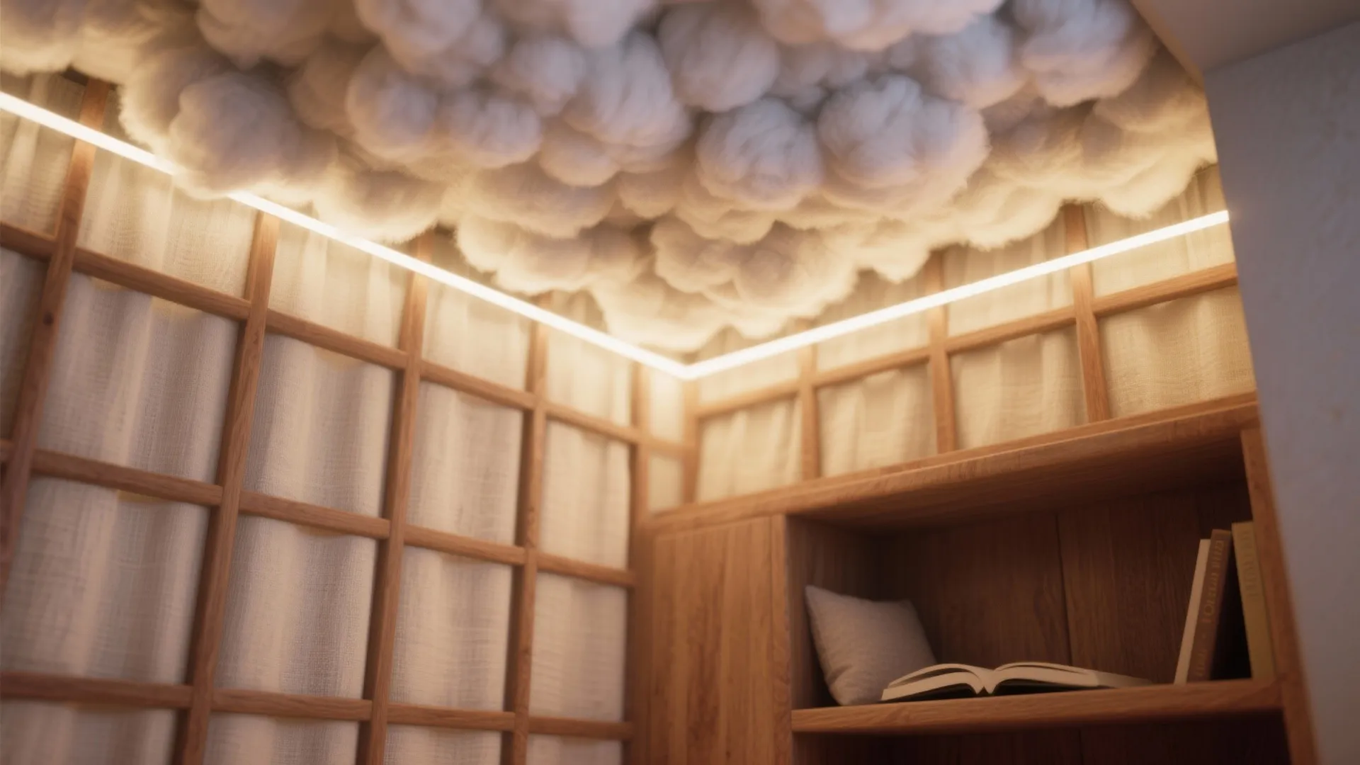 Cozy reading corner with wooden shelves white cotton cloud ceiling bright light strip and books