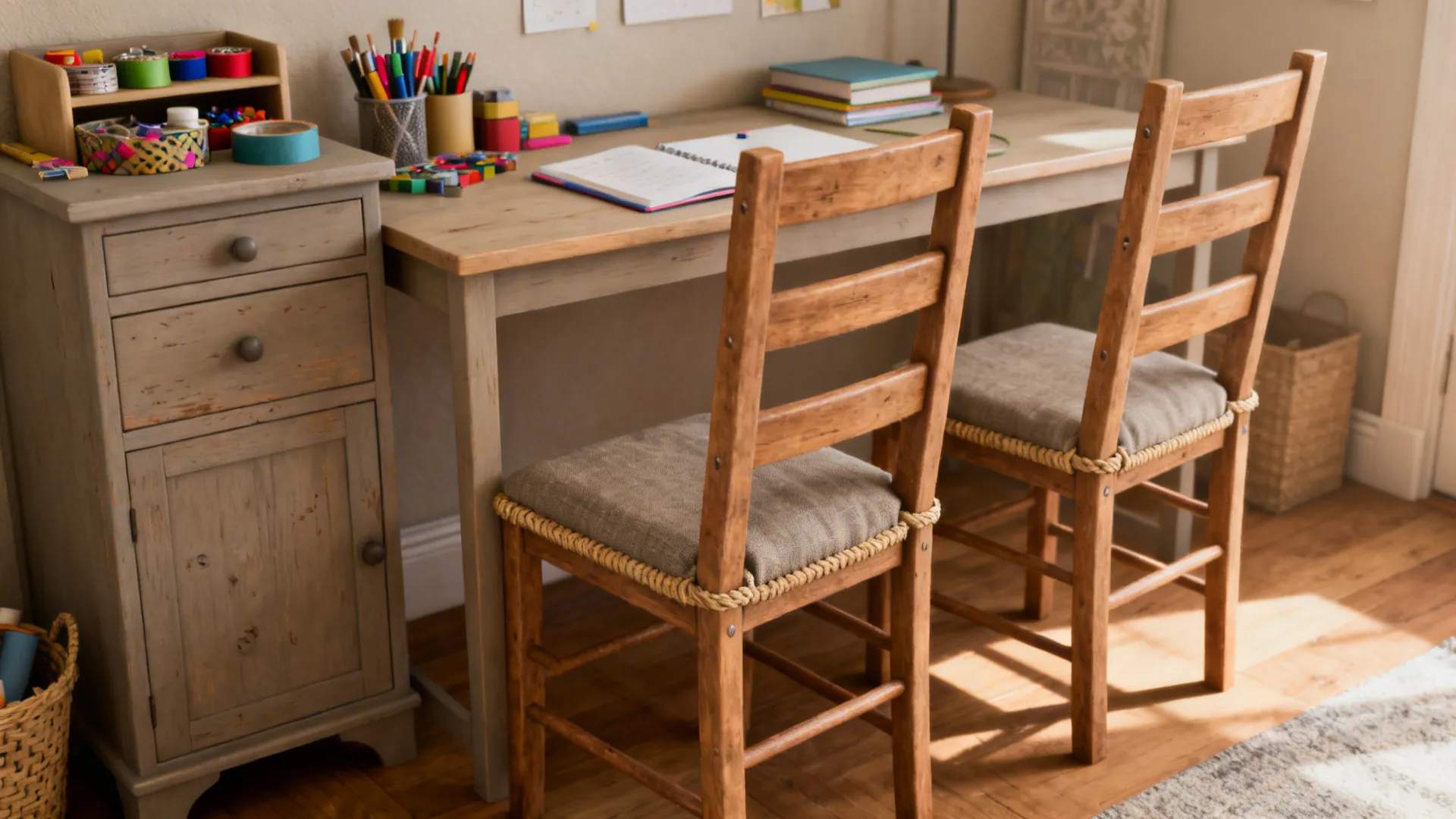 Cozy small dining room with ladder-back chairs in heathered cotton-poly upholstery.