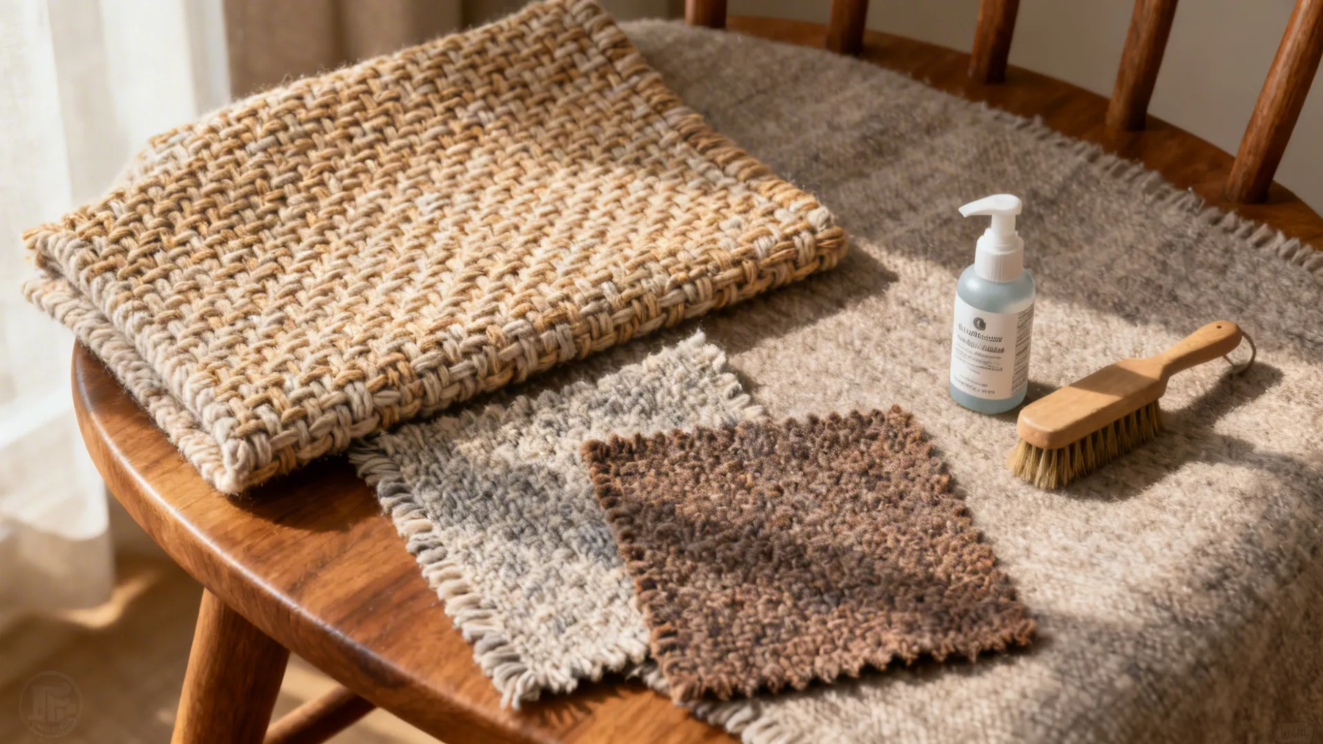 Flatlay of textured cotton-blend upholstery swatches with basket weave and bouclé.