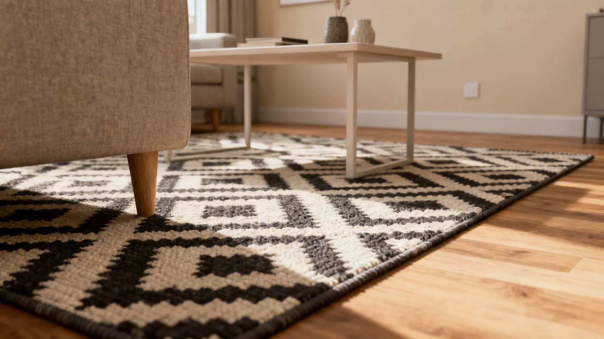 Low-pile cotton rug with bold geometric pattern anchoring a small living room seating area.