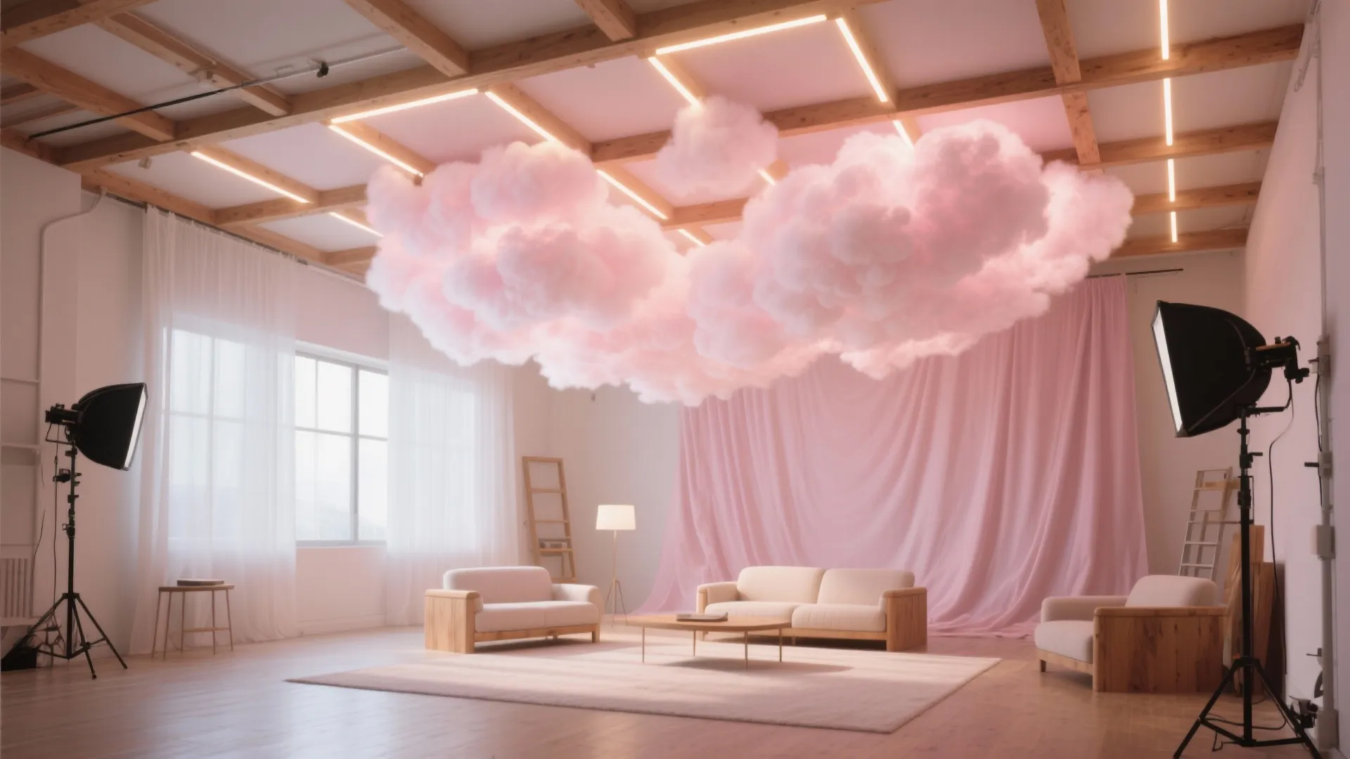 Interior studio space with large pink clouds hanging from a wood ceiling and white sofa