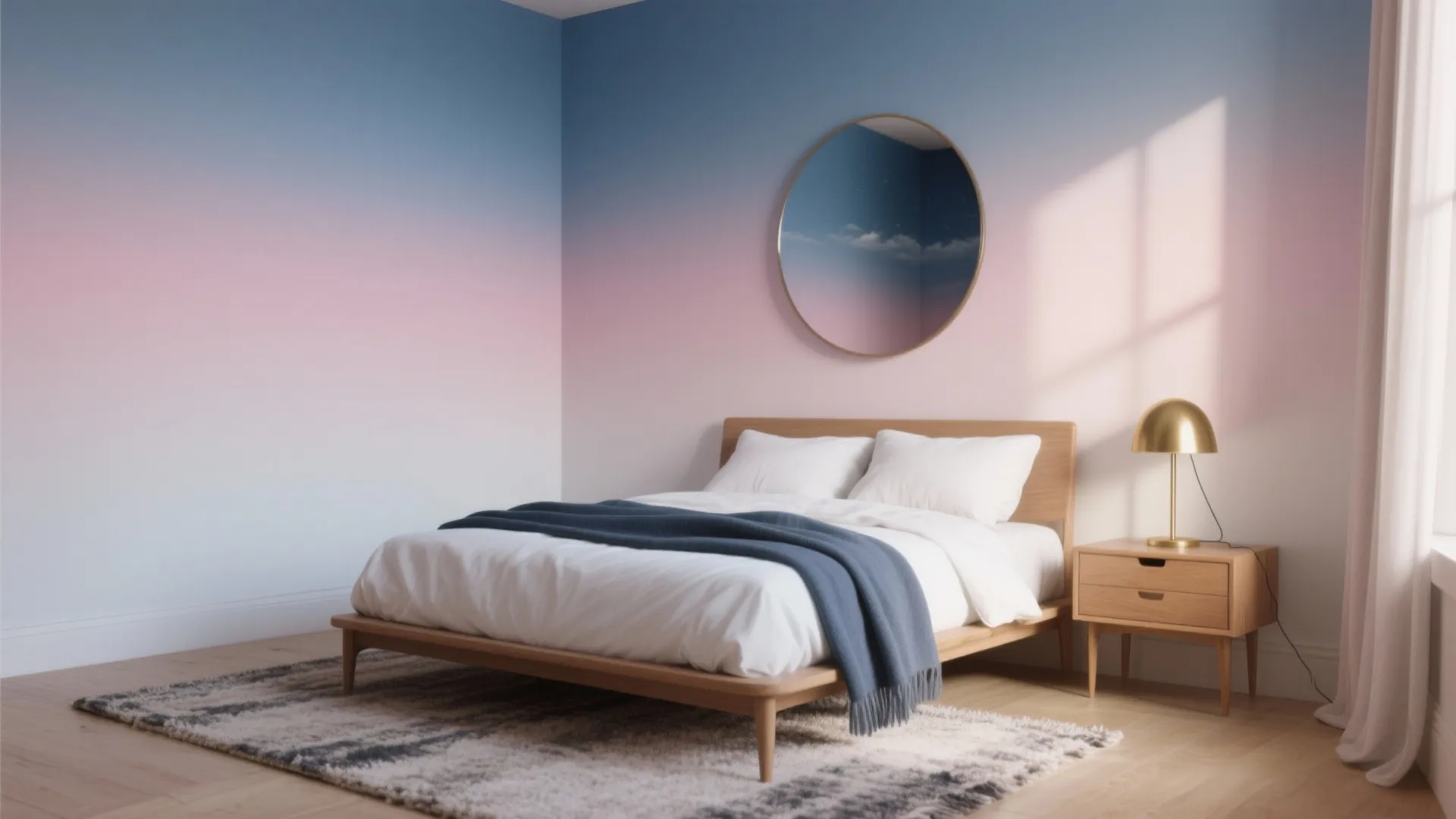 Minimalist bedroom with pink and blue gradient walls, wooden bed frame, mirror, and side table