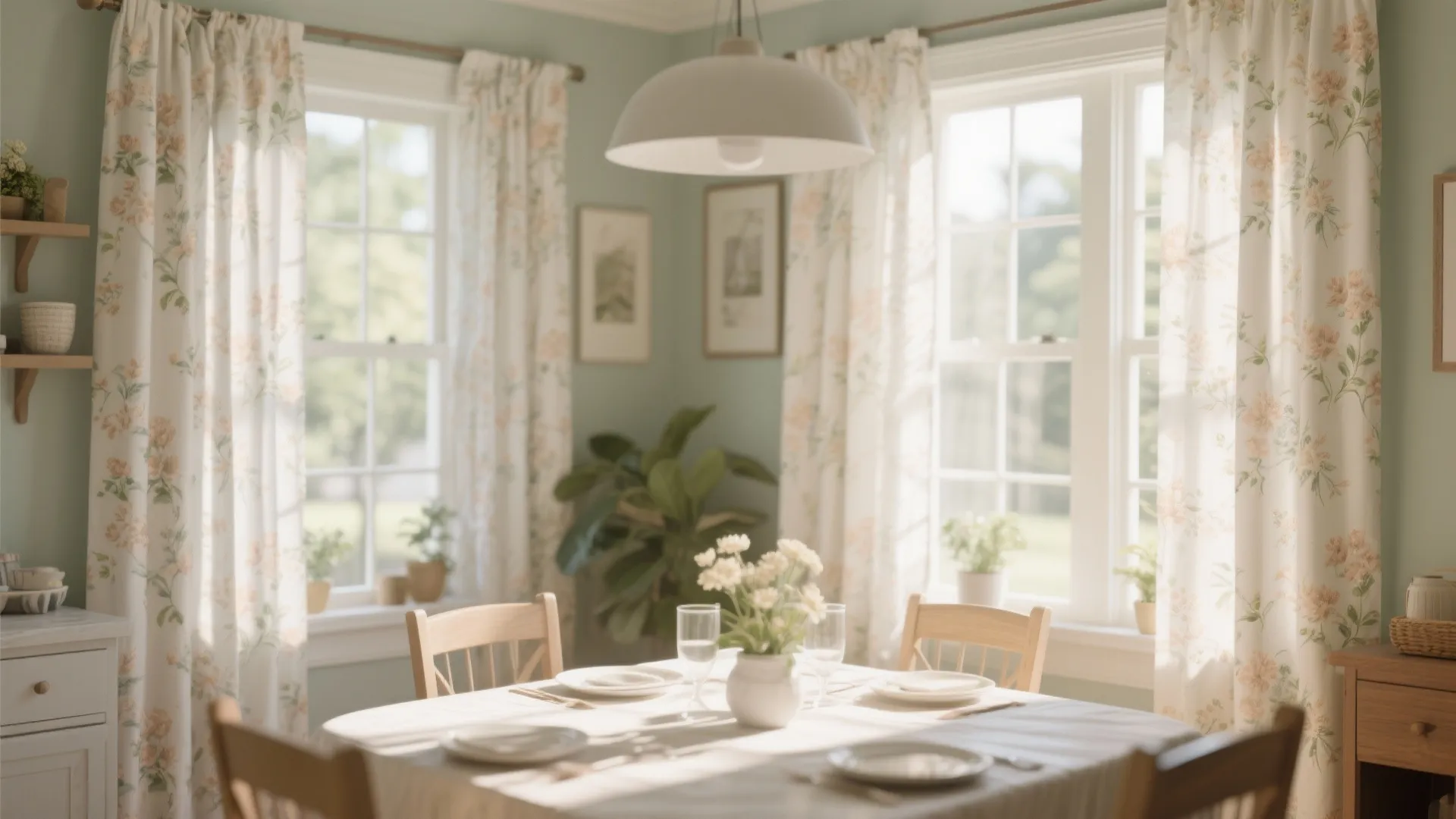 Dining room with floral cotton curtain panels in soft daylight