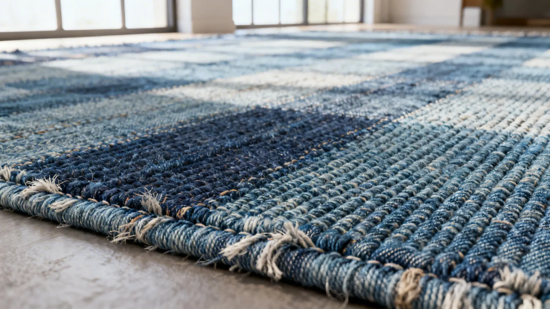 Close-up of a cotton and denim blend rug showing woven texture and softened fibers.