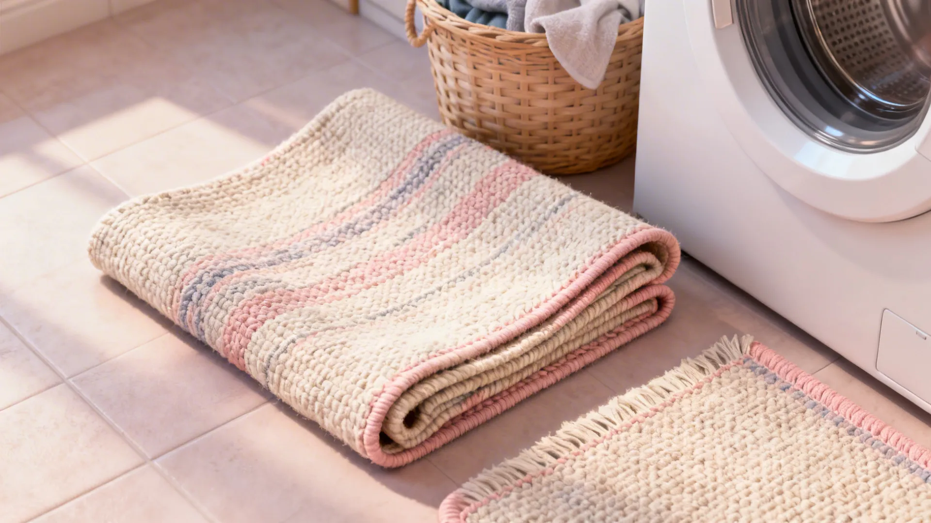 Top-down view of a cotton flatweave rug being prepared for washing, showing light weave and portability