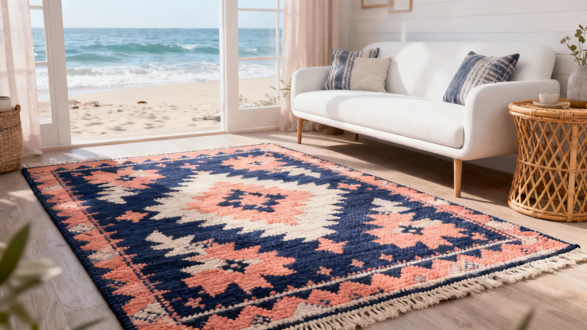 Small living room with a flatweave cotton kilim rug, white sofa and rattan table, coastal color accents.