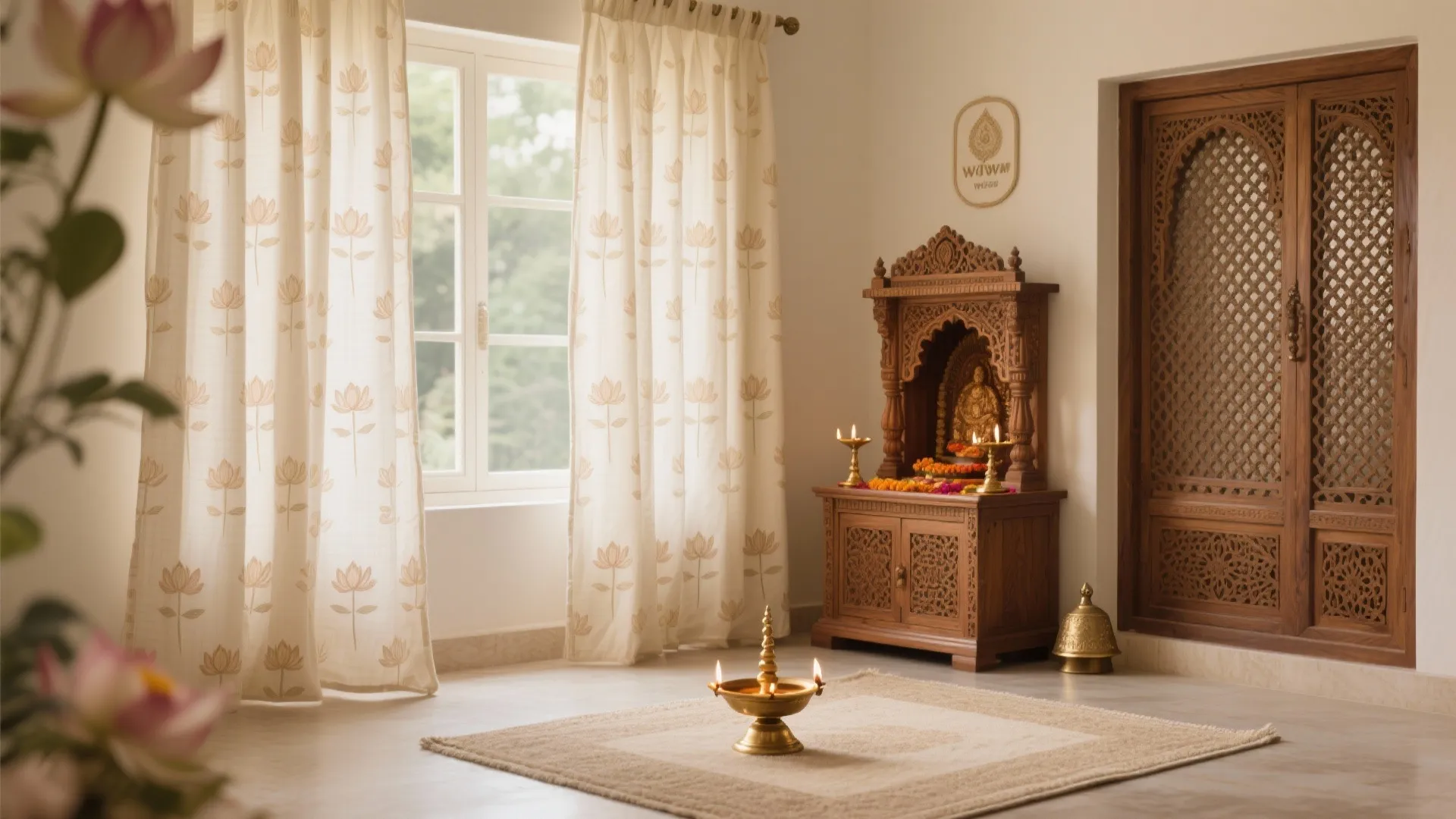Traditional wooden cabinet against white wall with lotus pattern curtains and natural bright window light
