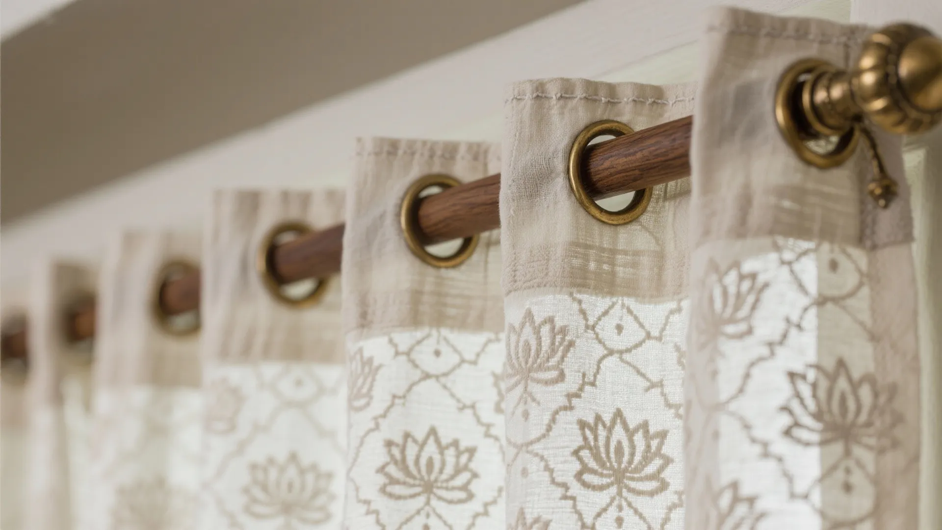 Macro of cotton curtain with subtle lotus motif, light lining, and brass finial on a wooden rod.