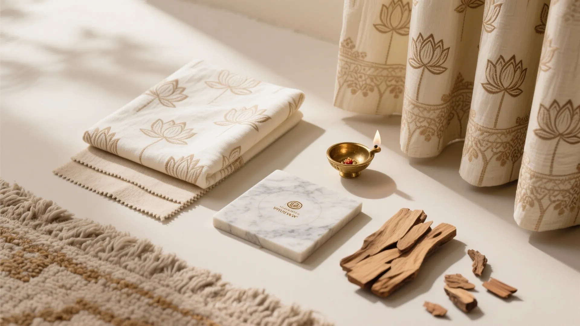 Flatlay of lotus pattern fabric marble tile small oil lamp wood pieces and textured floor rug