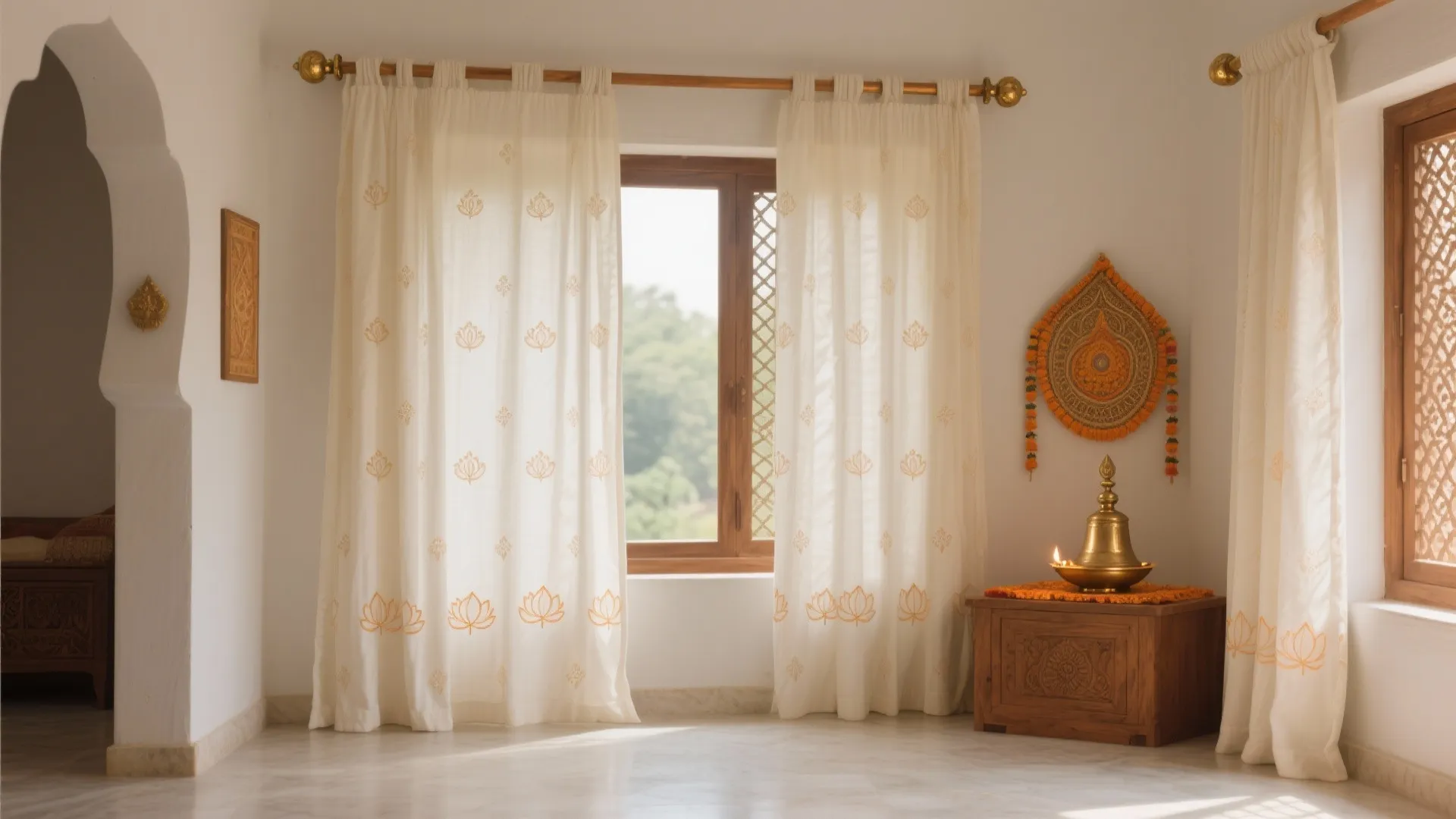 Pooja corner with ivory cotton curtains showing subtle lotus motifs on a wooden rod with brass finials.