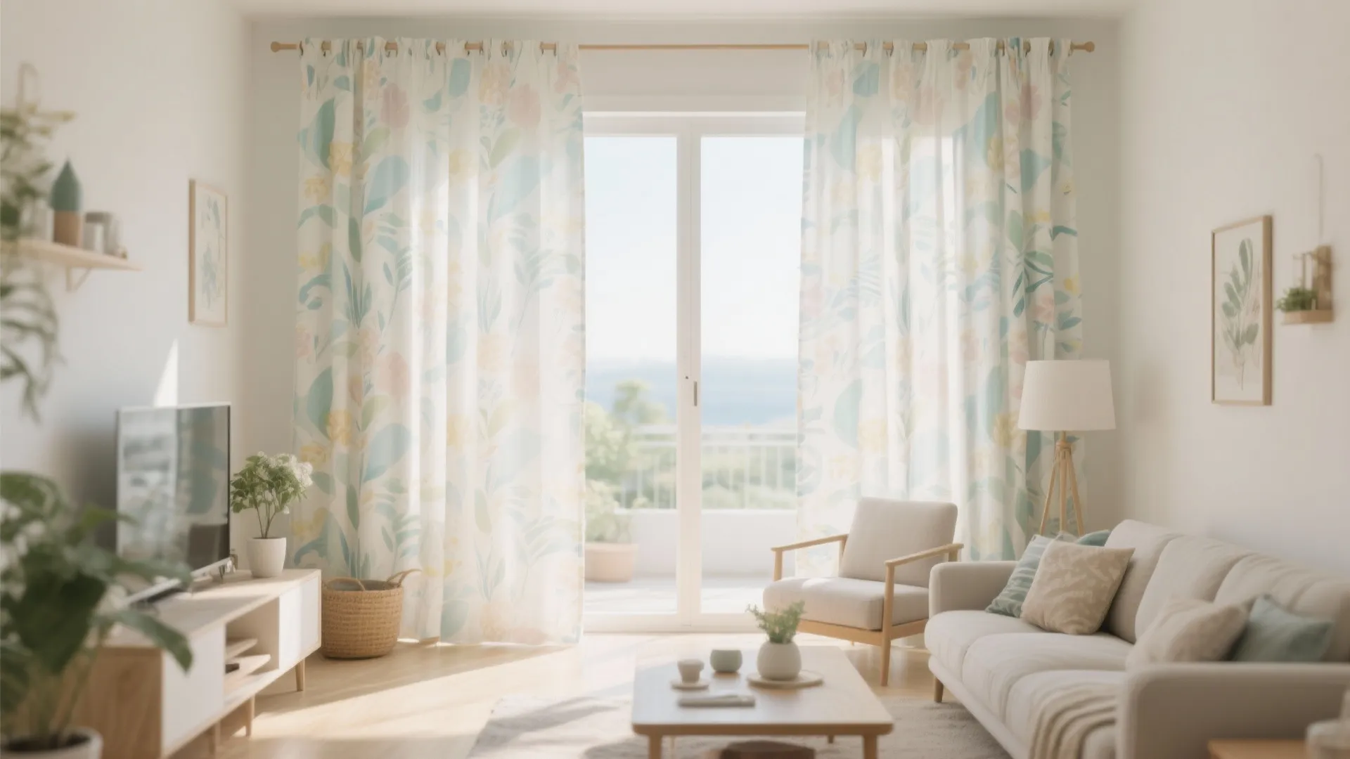 Bright living room with floral print curtains leading to balcony white sofa and light wood