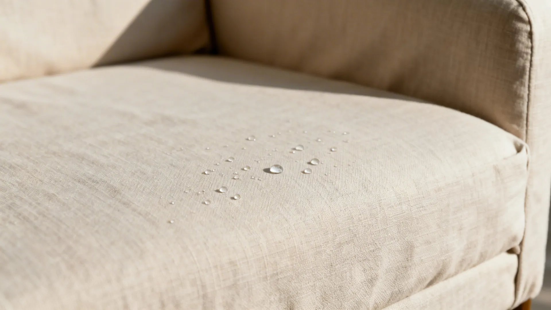 Water drops resting on the surface of a light beige fabric sofa showing water repellent features