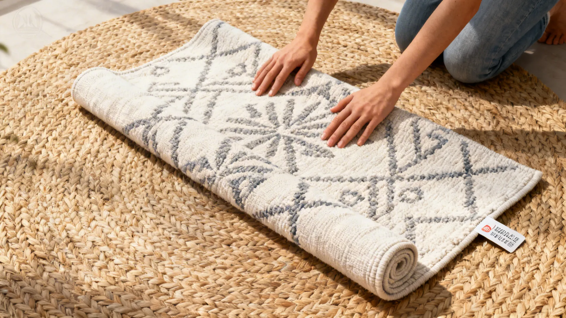 Hands placing a washable cotton rug over a textured natural-fiber rug.