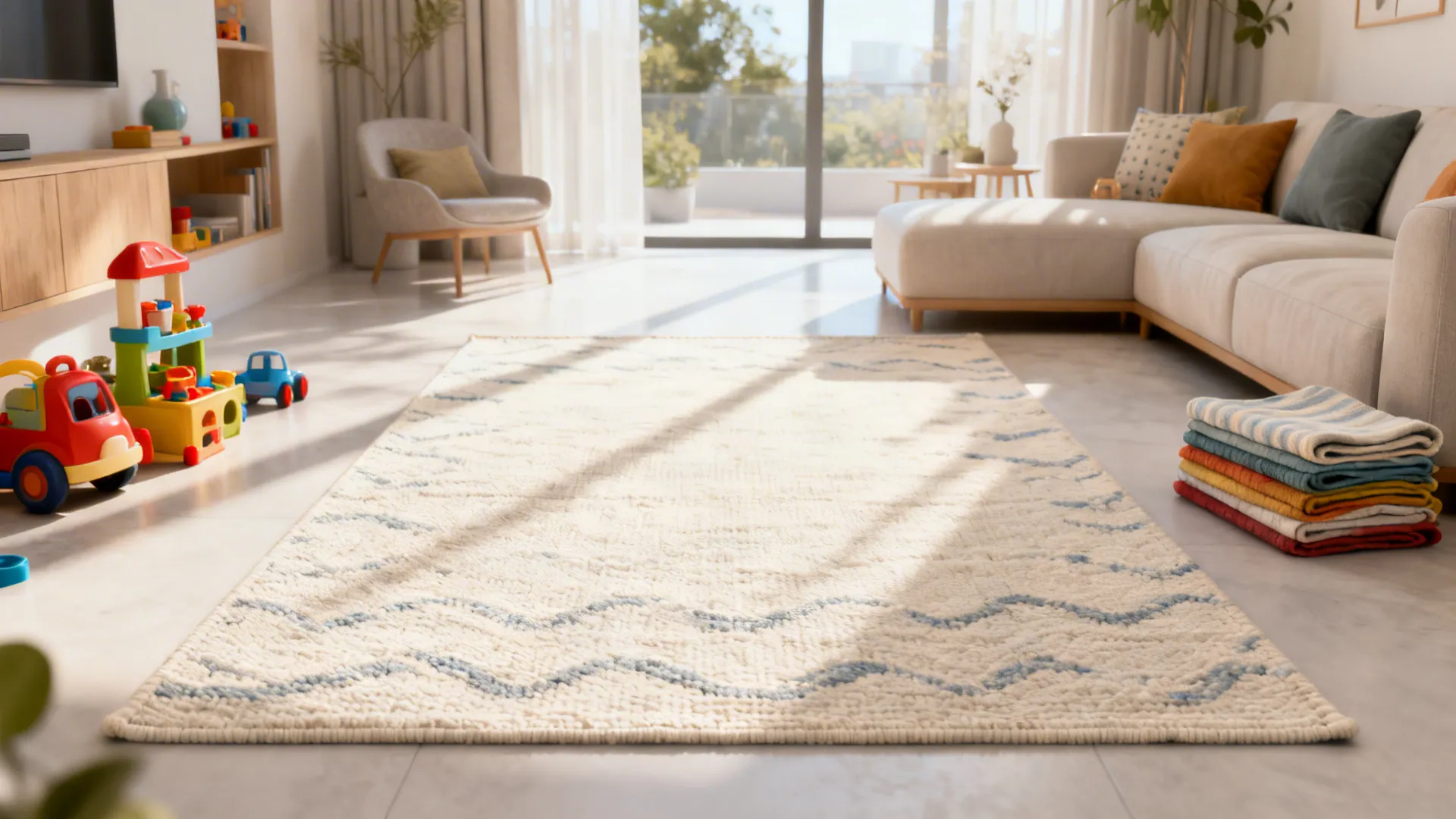 Light living room with an organic cotton washable rug and toys neatly stored
