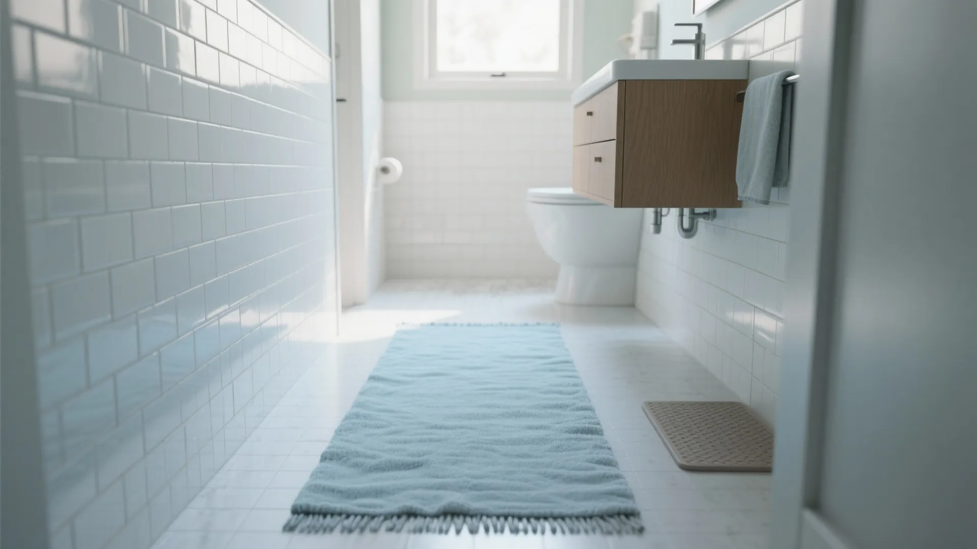 Narrow bathroom with a soft light-blue cotton runner lengthwise over white tiles