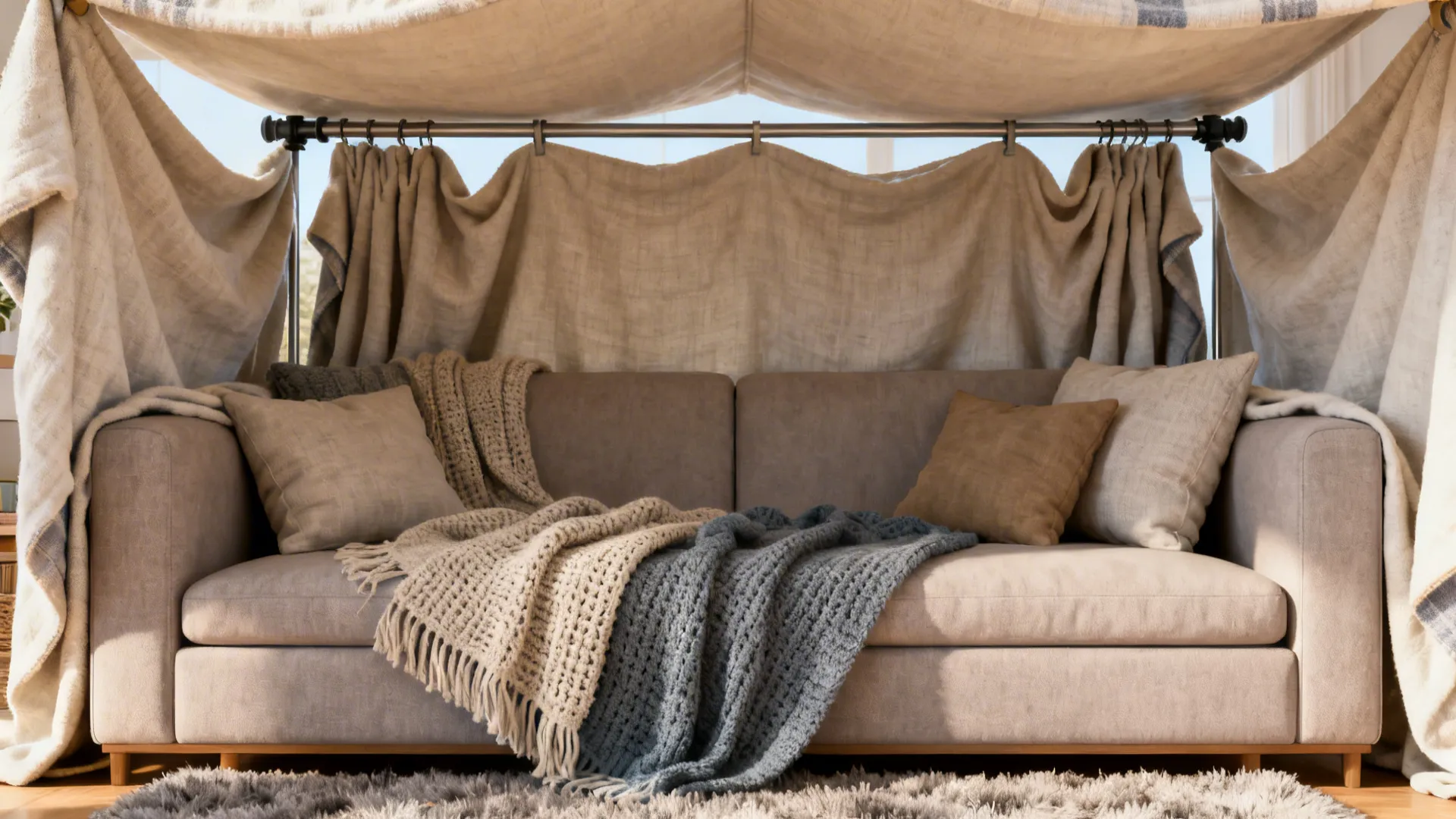 Blankets draped over a sofa back forming a cozy low fort with a rug and pillows inside.