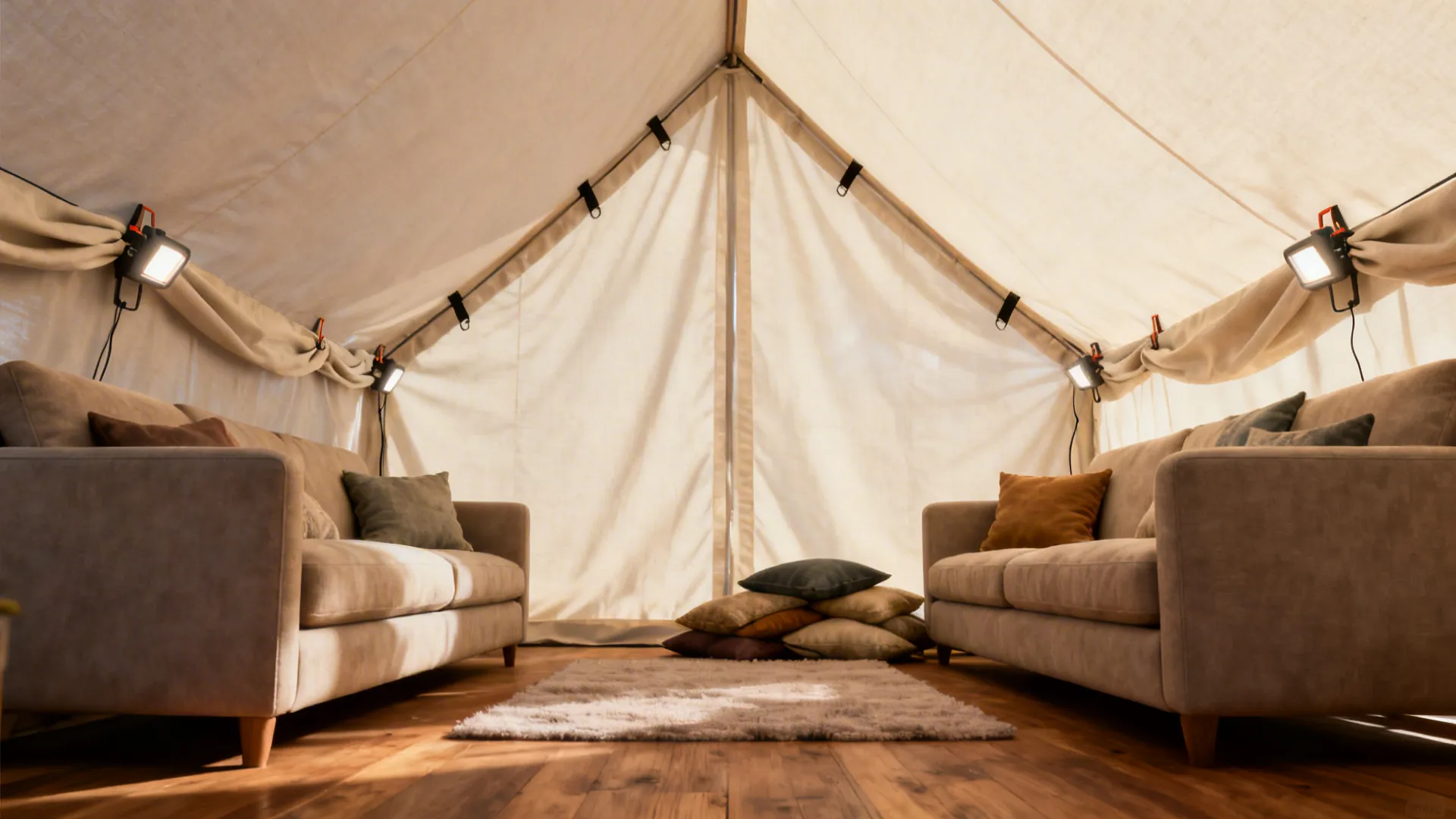 Tall cathedral-style fort created by draping a sheet over two sofas with clipped edges and cushions inside.