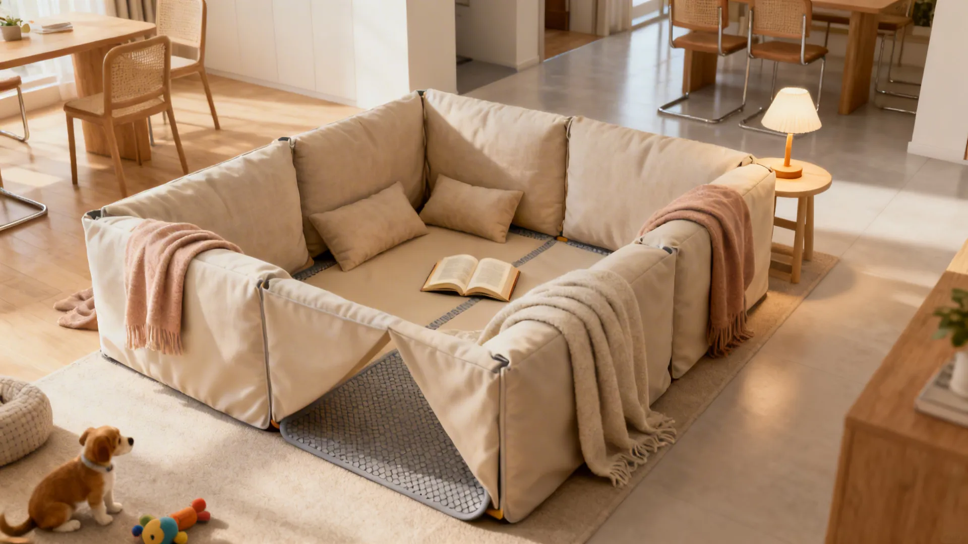 Interlocked couch cushions forming a cozy, low fortress with slipcovers and non-slip pads for safety.