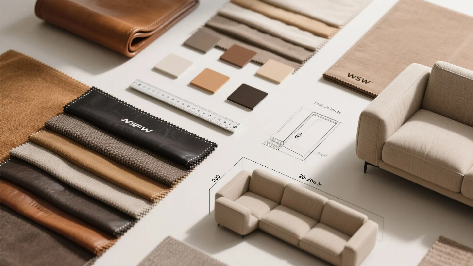 Interior design mood board with fabric samples, leather materials, color tiles, and a sofa model
