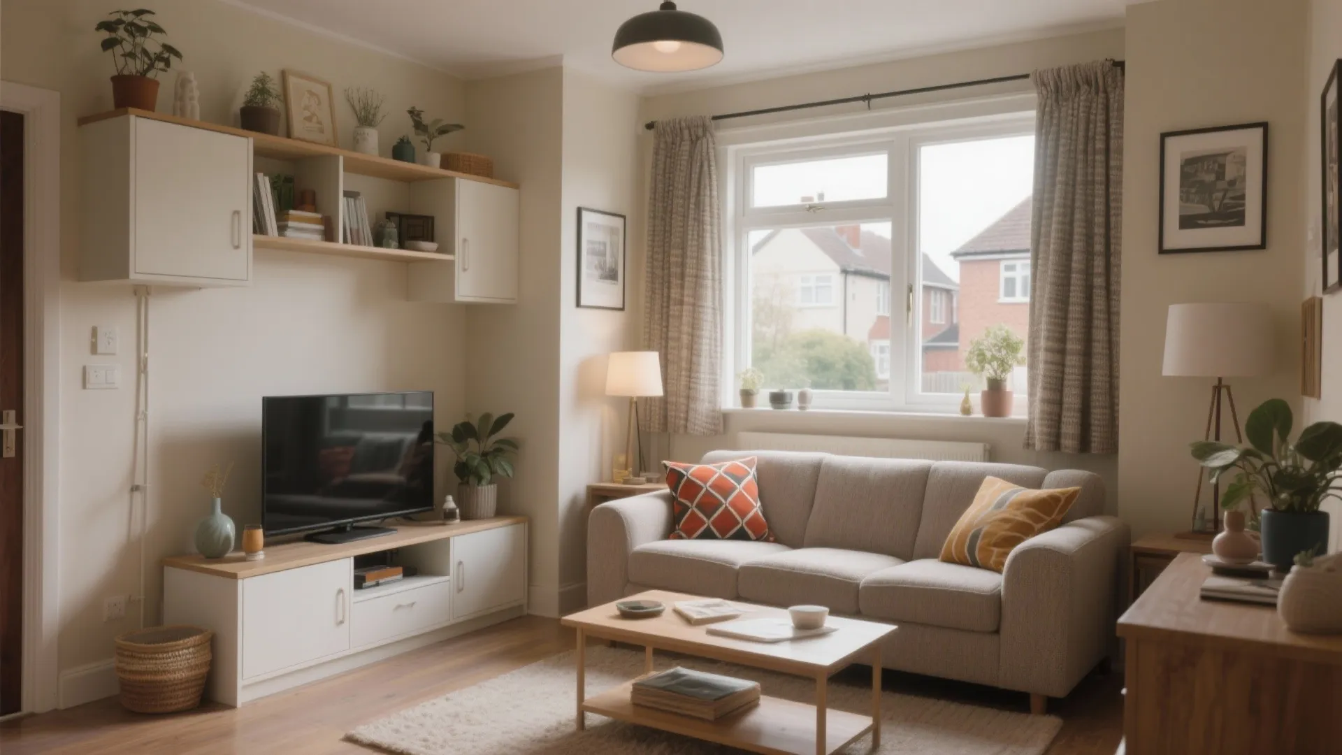 Modern living room with grey sofa wooden coffee table white cabinet television and large bright window
