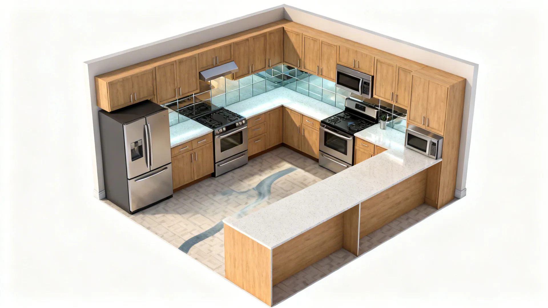Top-down kitchen plan showing 24-inch counters and a 36–42 inch aisle for smooth movement.