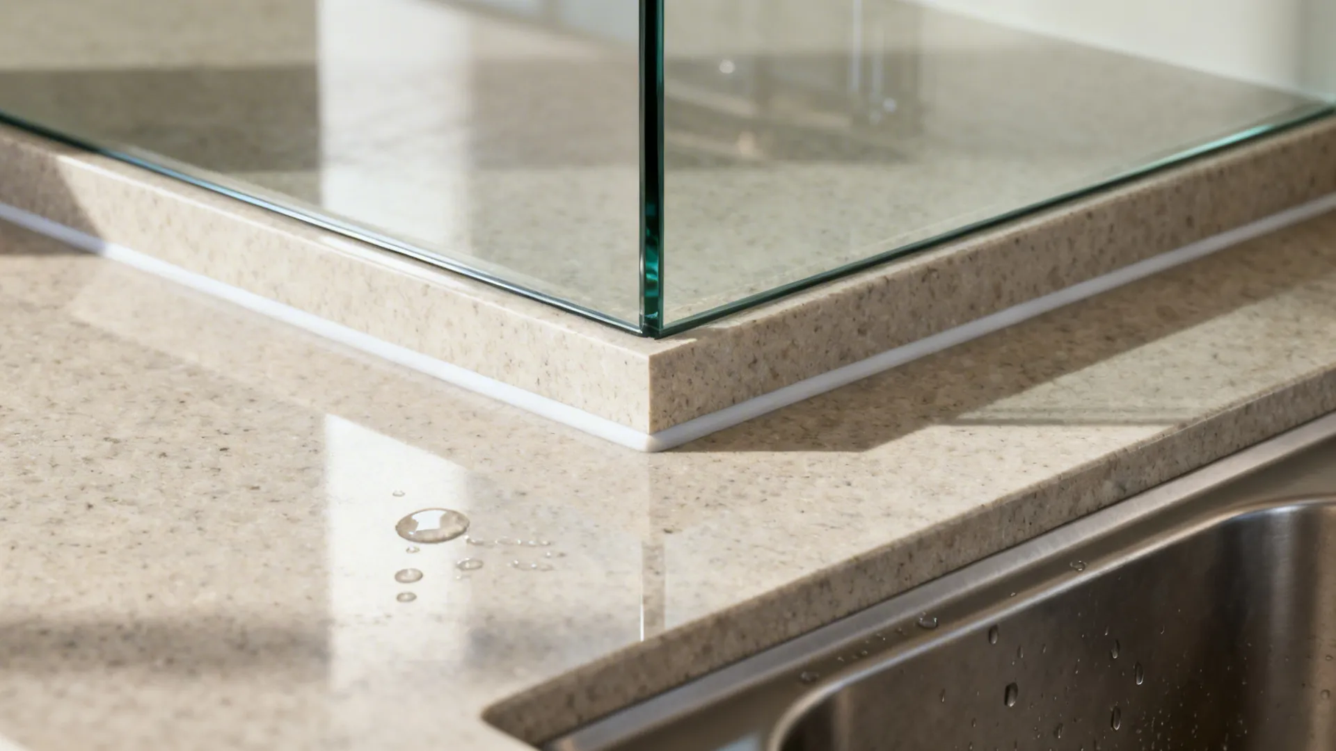 Macro of a quartz counter edge meeting a glossy glass backsplash with an integrated lip.