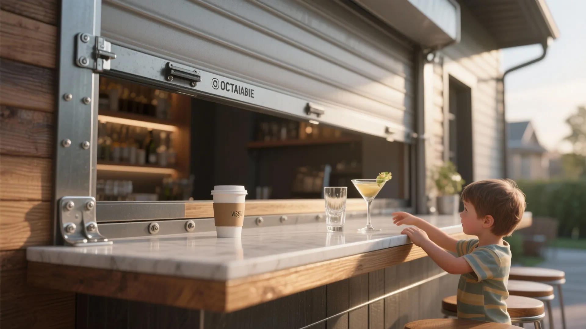 Close-up of a reinforced countertop edge beneath a fold-up garage window with hinge hardware and drinks on the bar.