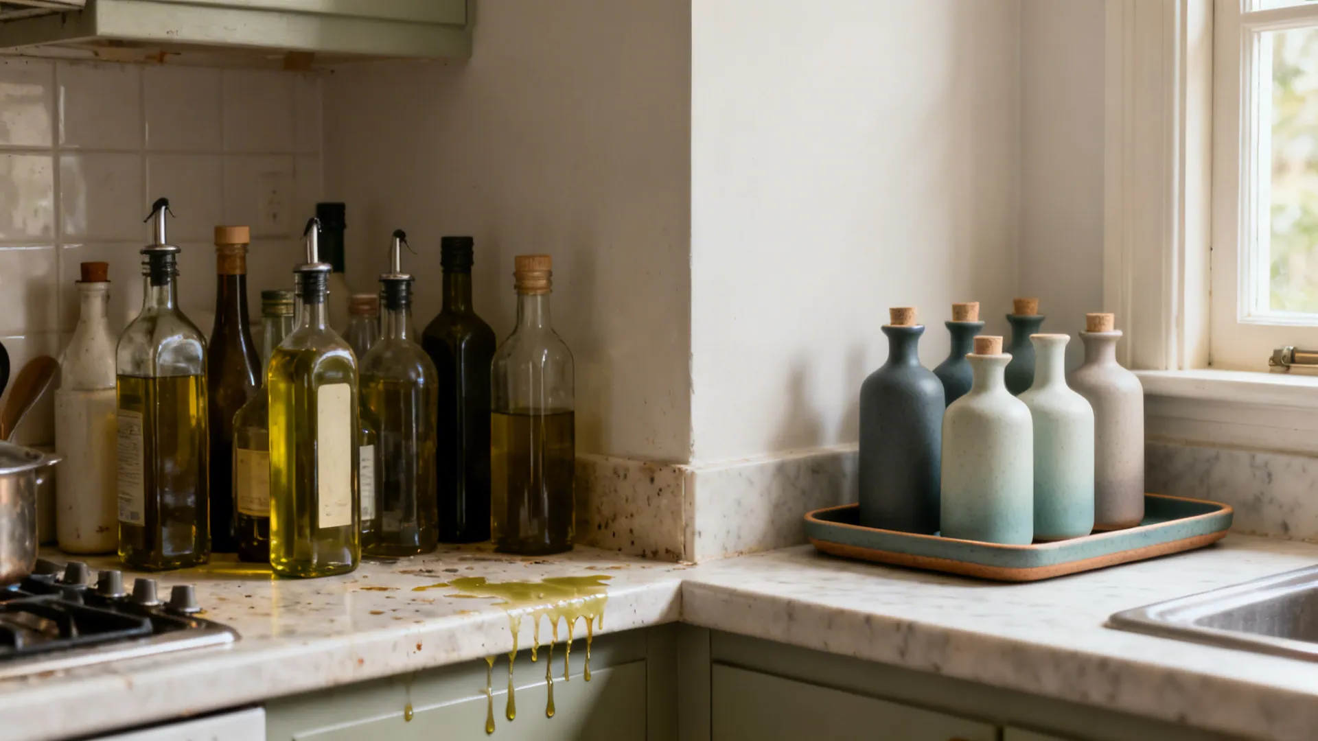 Before-after comparison of a small kitchen counter from cluttered bottles to a neat coordinated tray set.