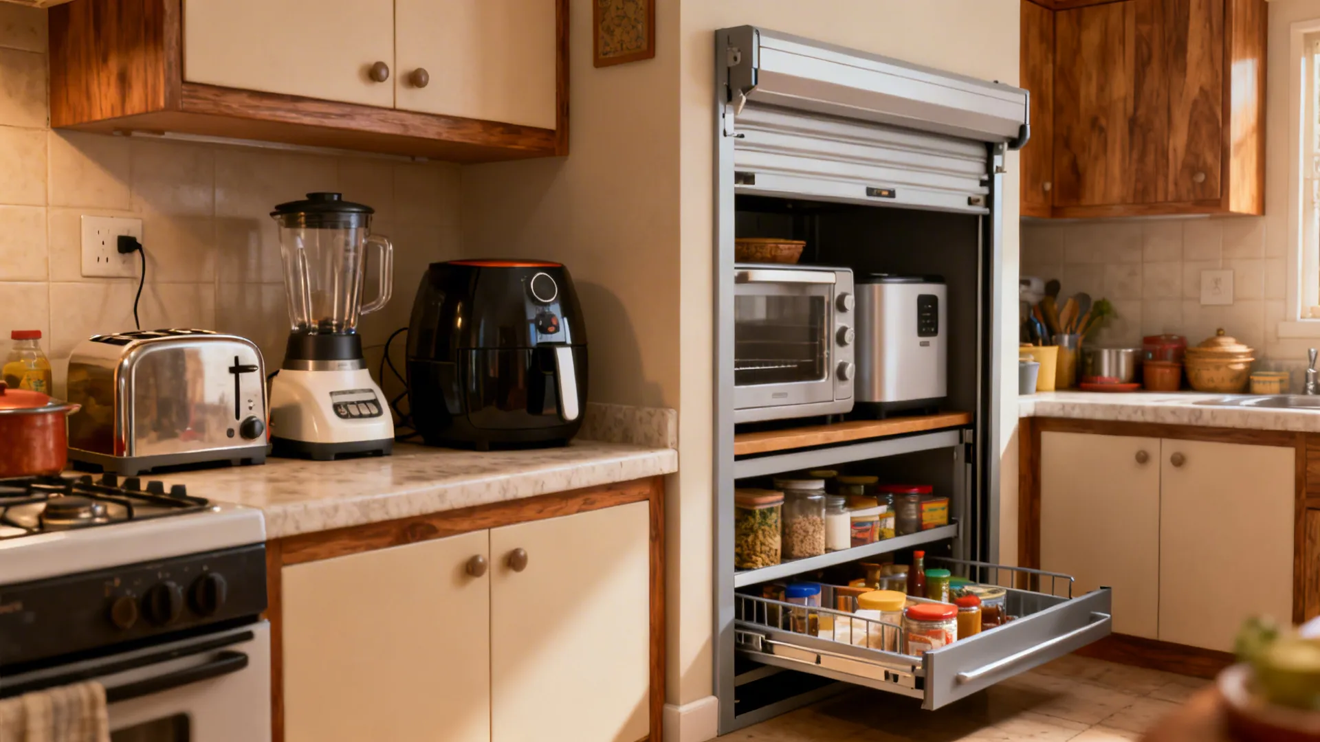 Compact appliance garages and slide‑out pantries