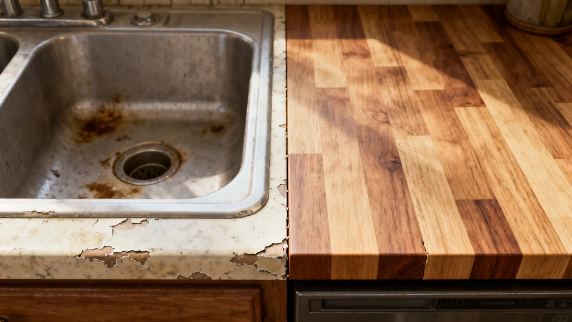 Before-and-after comparison showing worn laminate counter near sink and new butcher-block replacement section