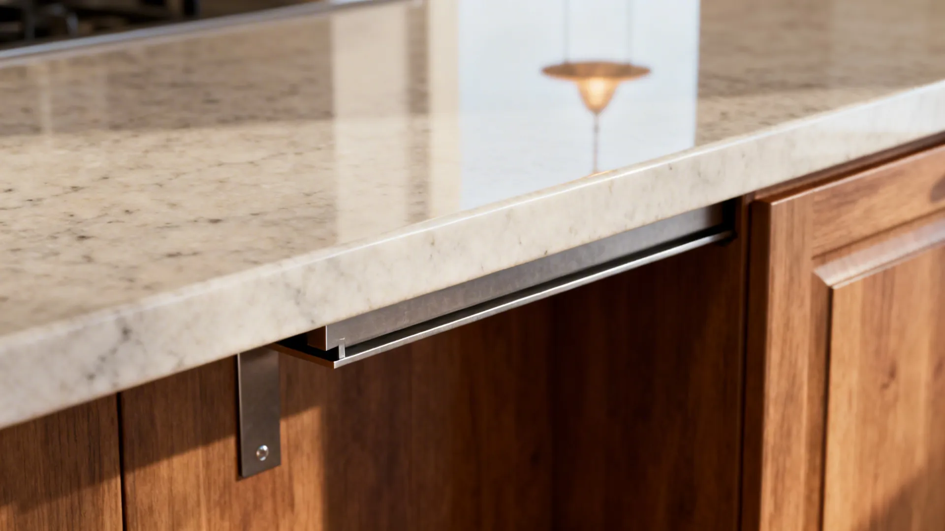 Macro view of a quartz counter overhang with a concealed steel support bracket.