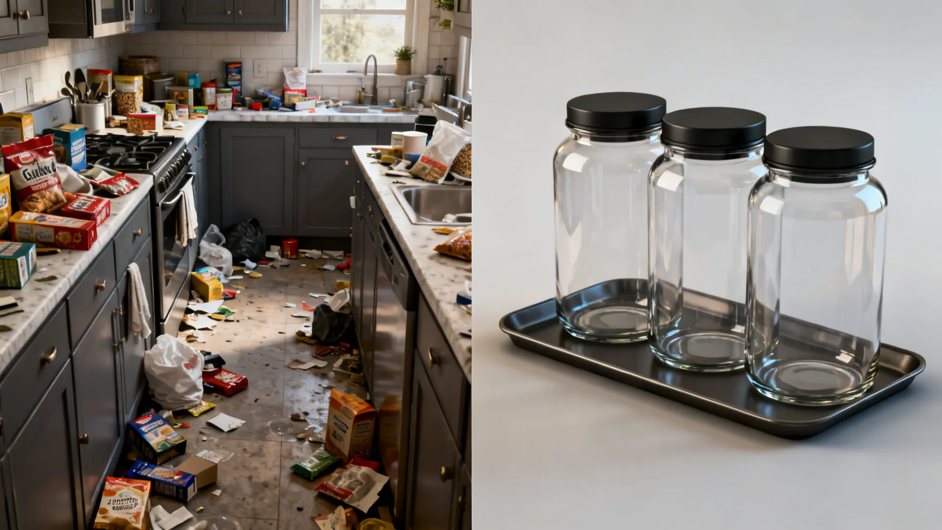 Before and after comparison showing a messy kitchen counter versus clean empty glass jars on tray