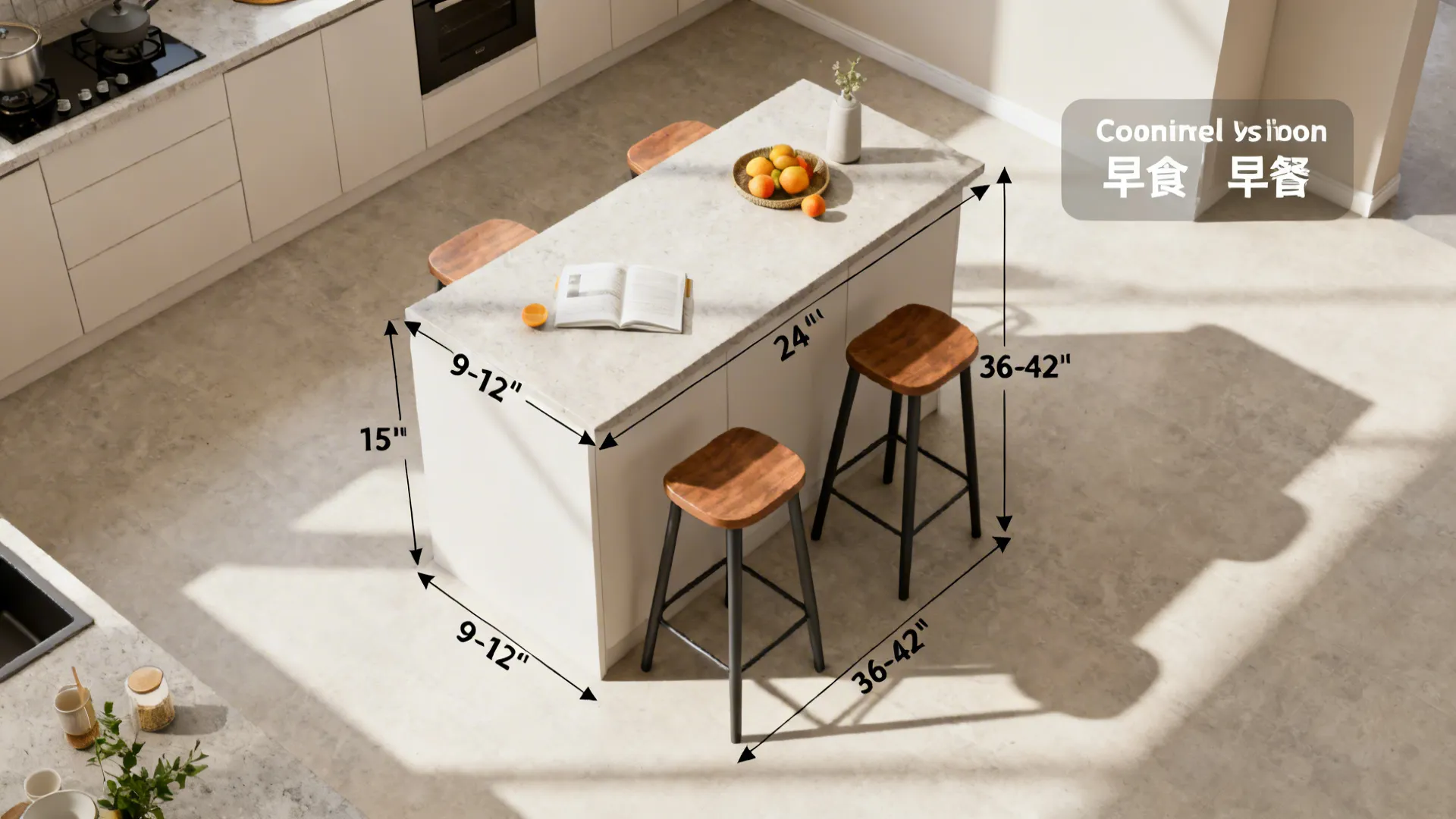 Top-down scene illustrating overhang, knee space, stool spacing, and aisle examples for counters.