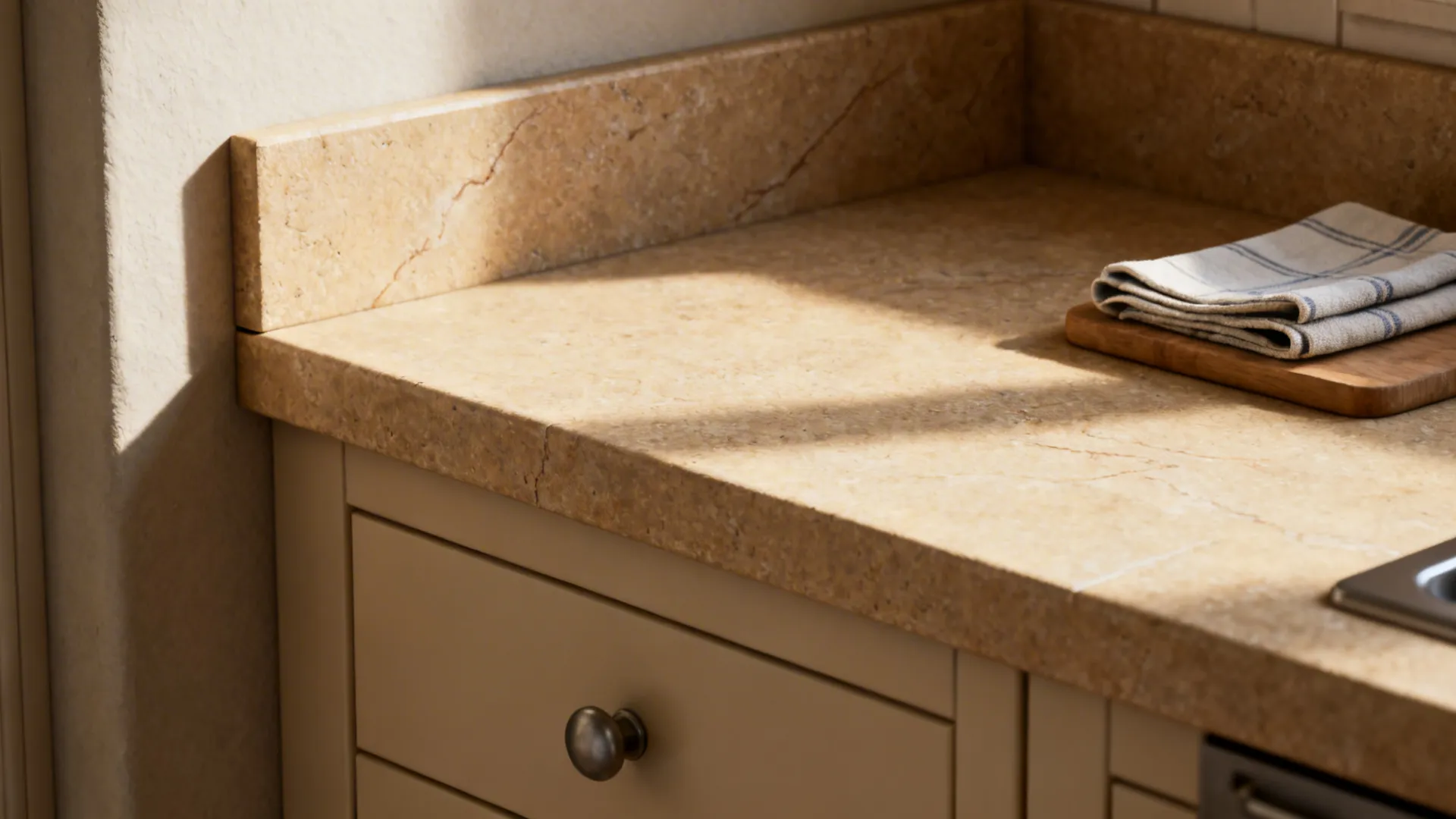Close-up of a continuous warm stone countertop rising into a matching short backsplash and cabinet cladding.