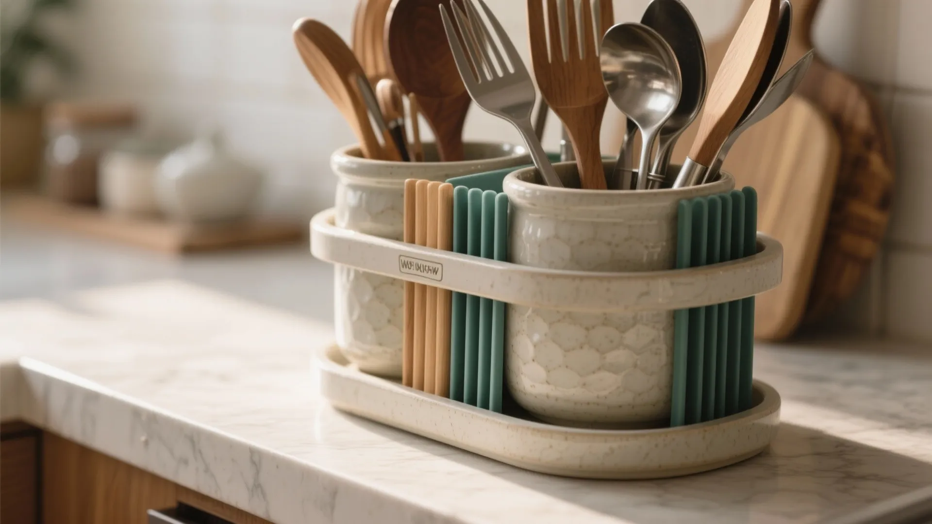 4. Multi-compartment counter crocks and tiered organizers