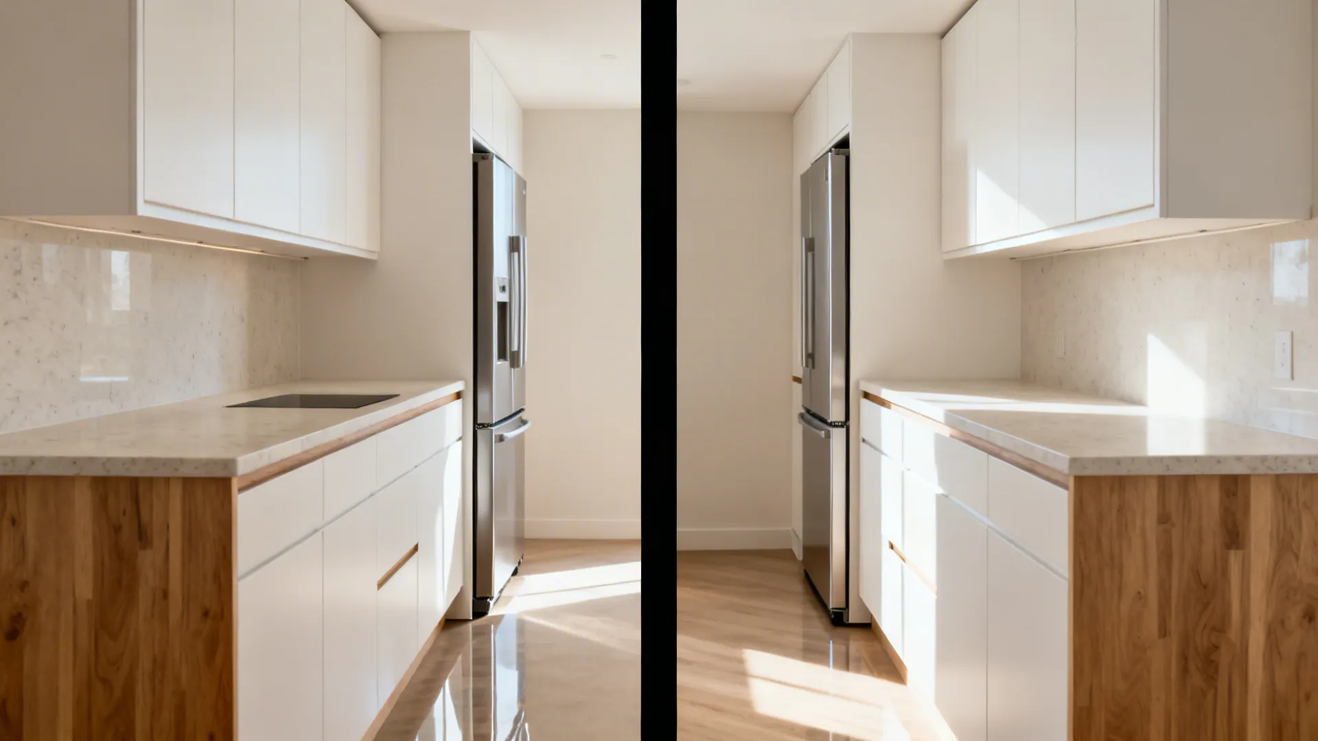Before-and-after showing a counter-depth fridge aligning flush with cabinetry for better circulation.