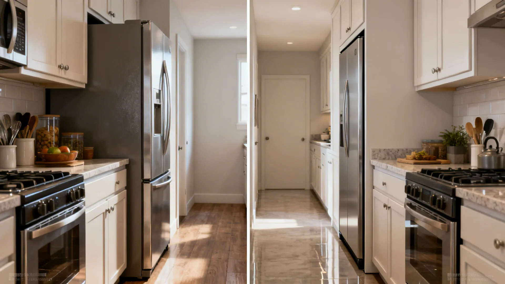 Before-after comparison showing bulky protruding fridge versus flush counter-depth integration in a small kitchen.