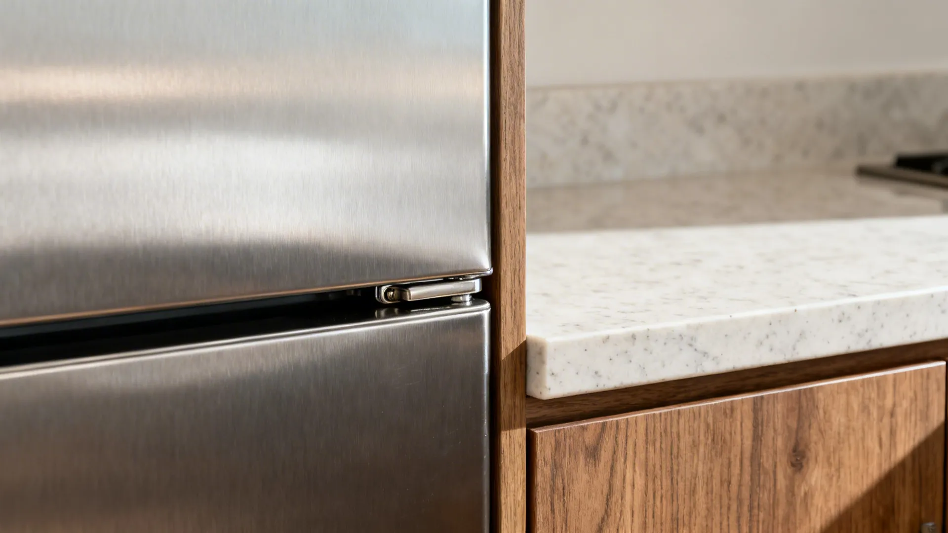 Close up view of silver fridge door next to wooden cabinet and white stone kitchen countertop
