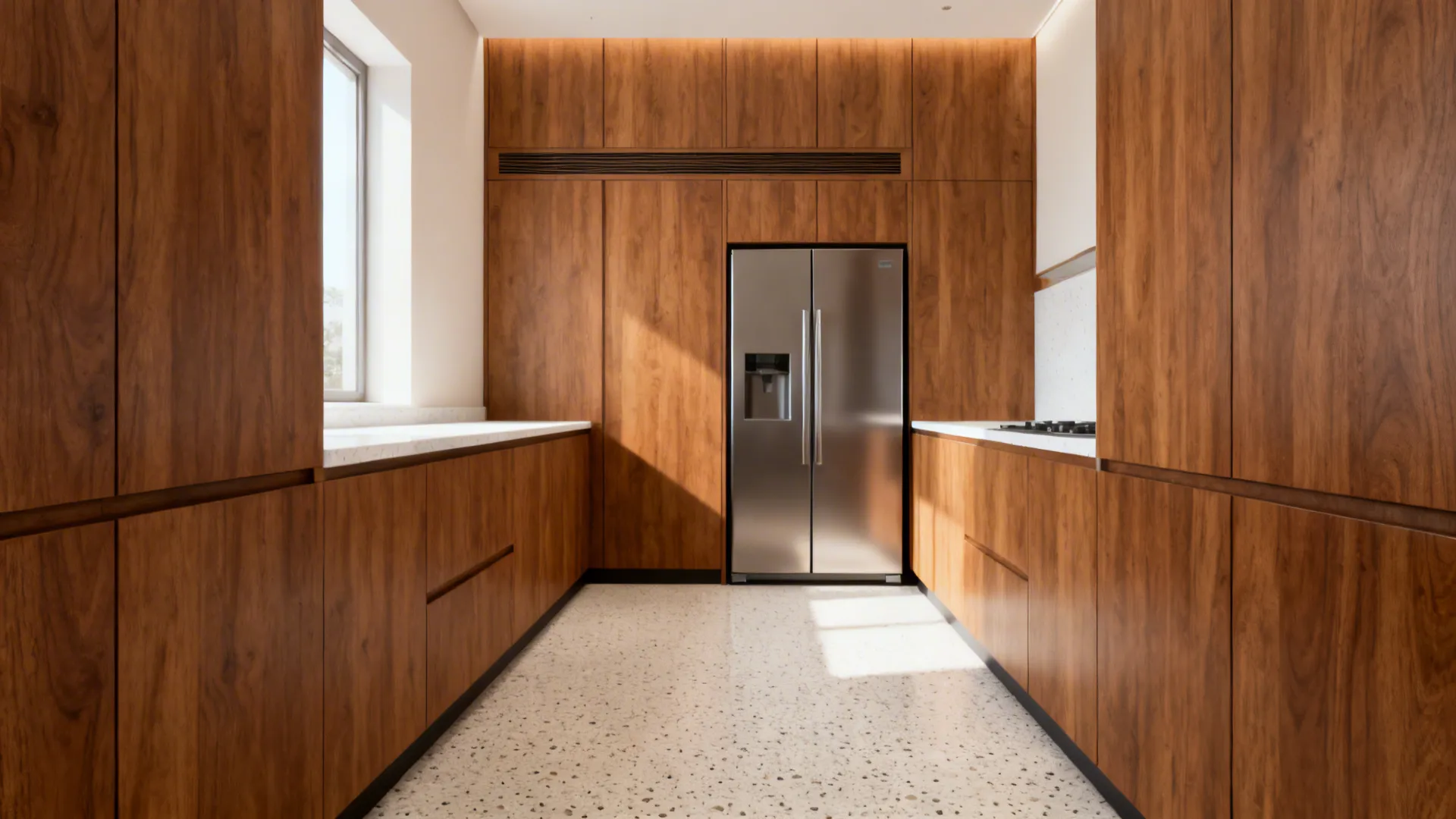 Counter-depth refrigerator flush with tall cabinets in a modern Indian galley kitchen.