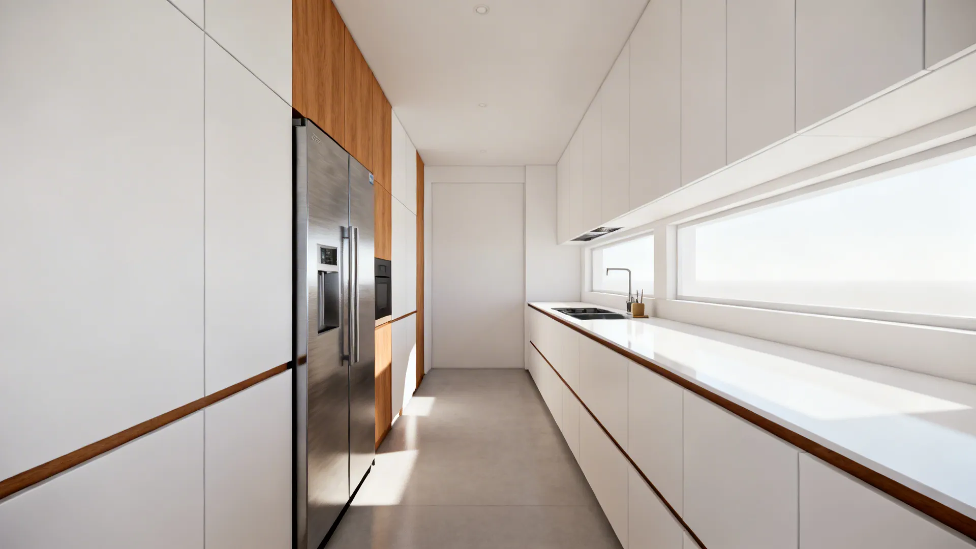 Narrow galley kitchen with counter-depth fridge flush with cabinets, creating a clean sightline.