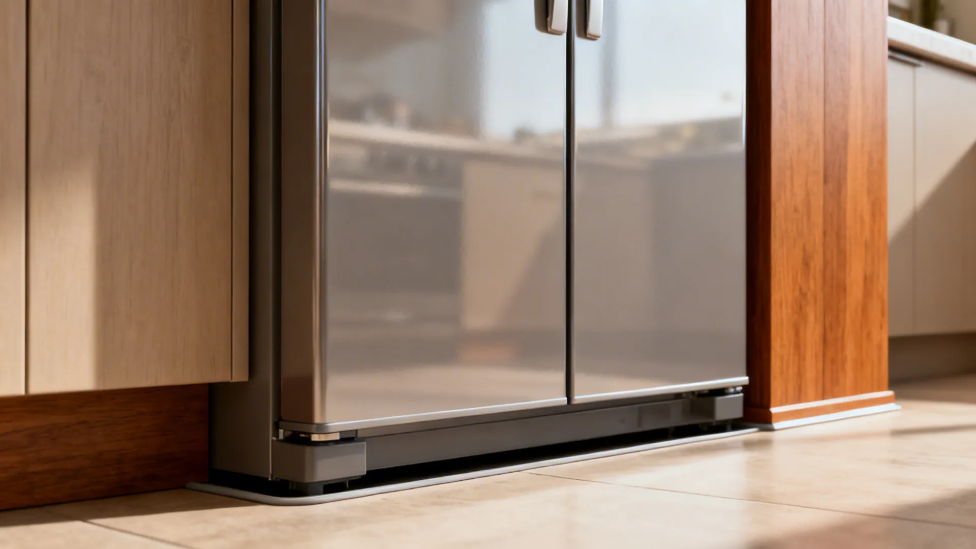 Macro view of a counter-depth fridge aligned with base cabinets in a compact kitchen.