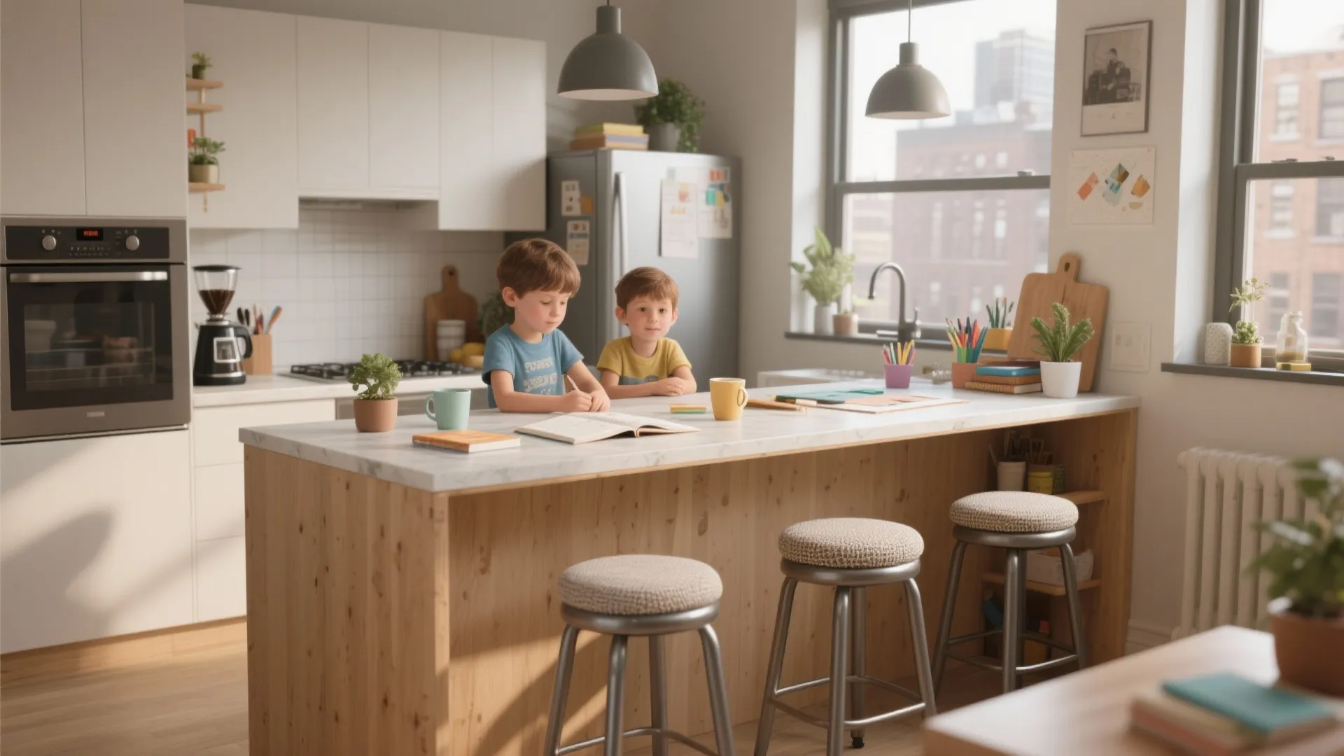 Two young boys studying at wooden kitchen island with round stools and bright window light
