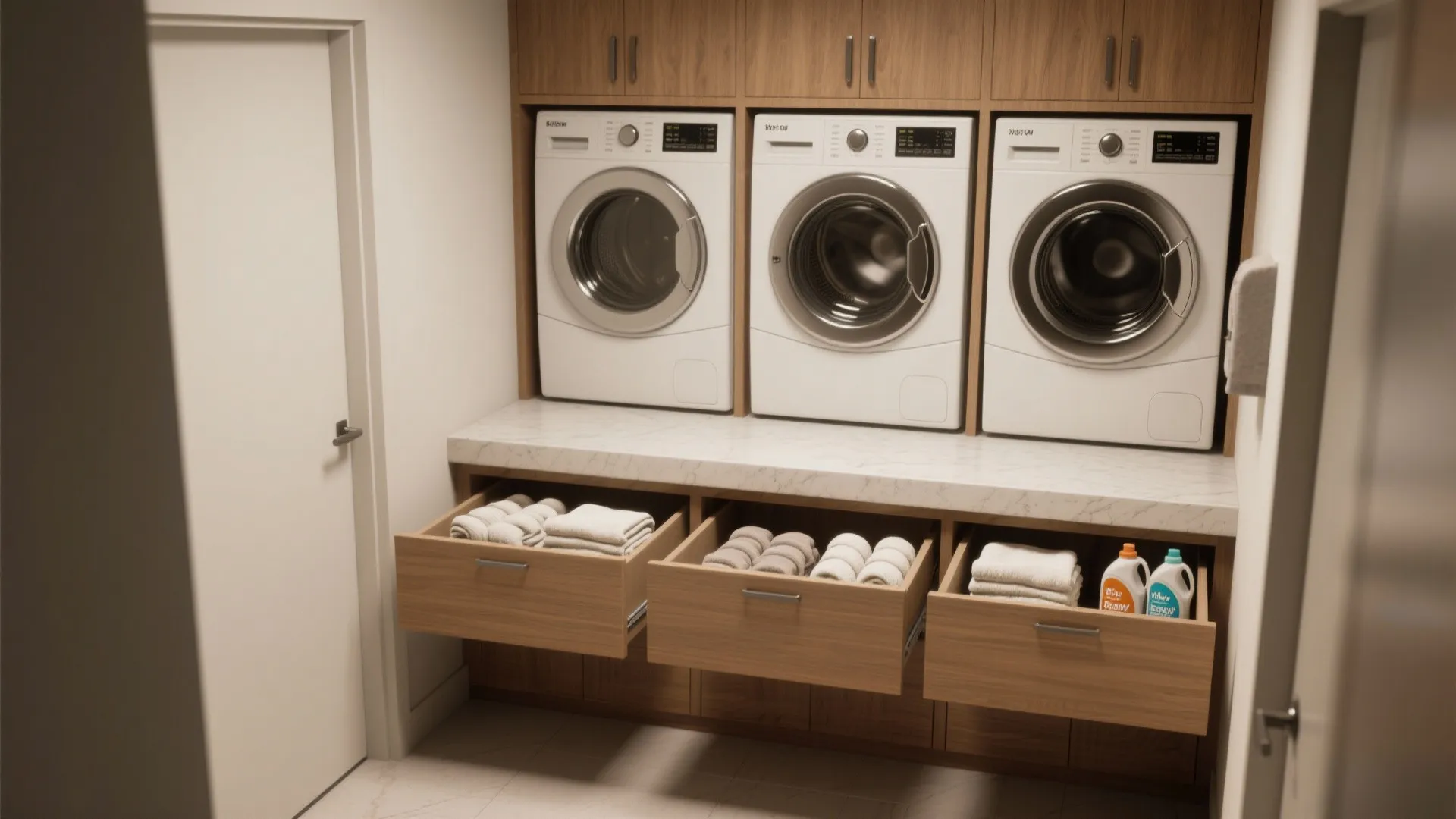 Laundry alcove with a continuous counter over machines and deep full-width drawers for hidden bulk storage.